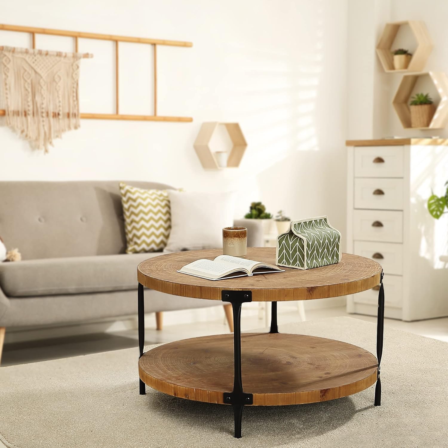 Mesita redonda de madera bohemio, 29,1 m de mesa de centro circular natural de madera tipo granja de 2 niveles, muebles de sala de estar, color madera natural, 29,1 pulgadas de profundidad x 18,3 pulgadas de alto