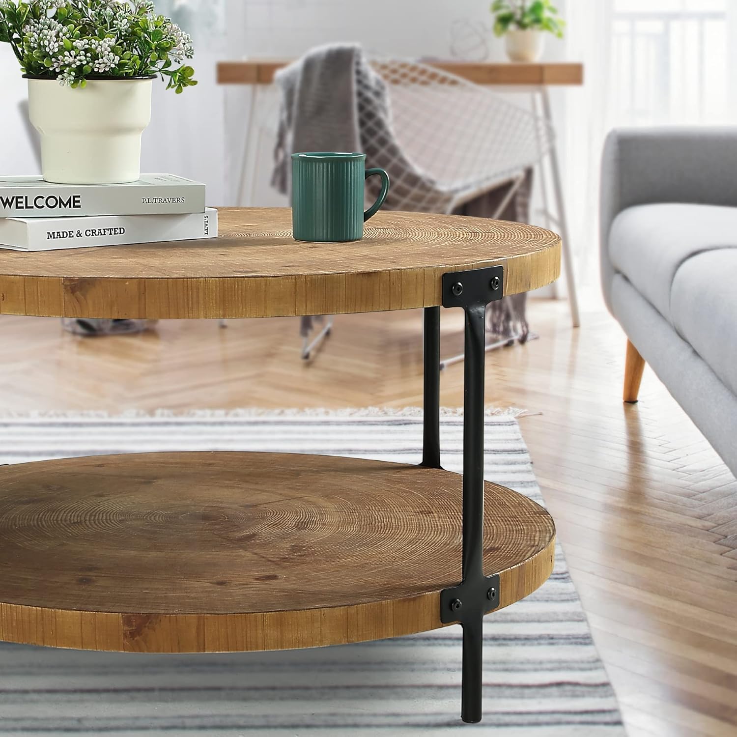 Mesita redonda de madera bohemio, 29,1 m de mesa de centro circular natural de madera tipo granja de 2 niveles, muebles de sala de estar, color madera natural, 29,1 pulgadas de profundidad x 18,3 pulgadas de alto