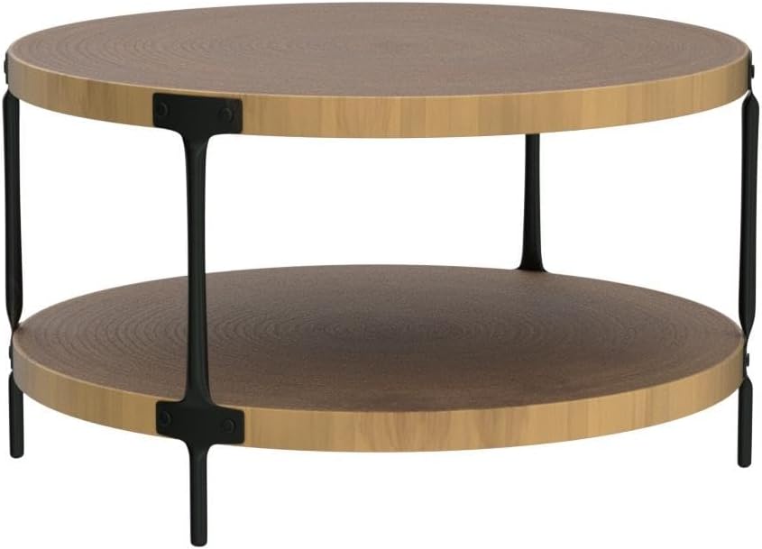 Mesita redonda de madera bohemio, 29,1 m de mesa de centro circular natural de madera tipo granja de 2 niveles, muebles de sala de estar, color madera natural, 29,1 pulgadas de profundidad x 18,3 pulgadas de alto