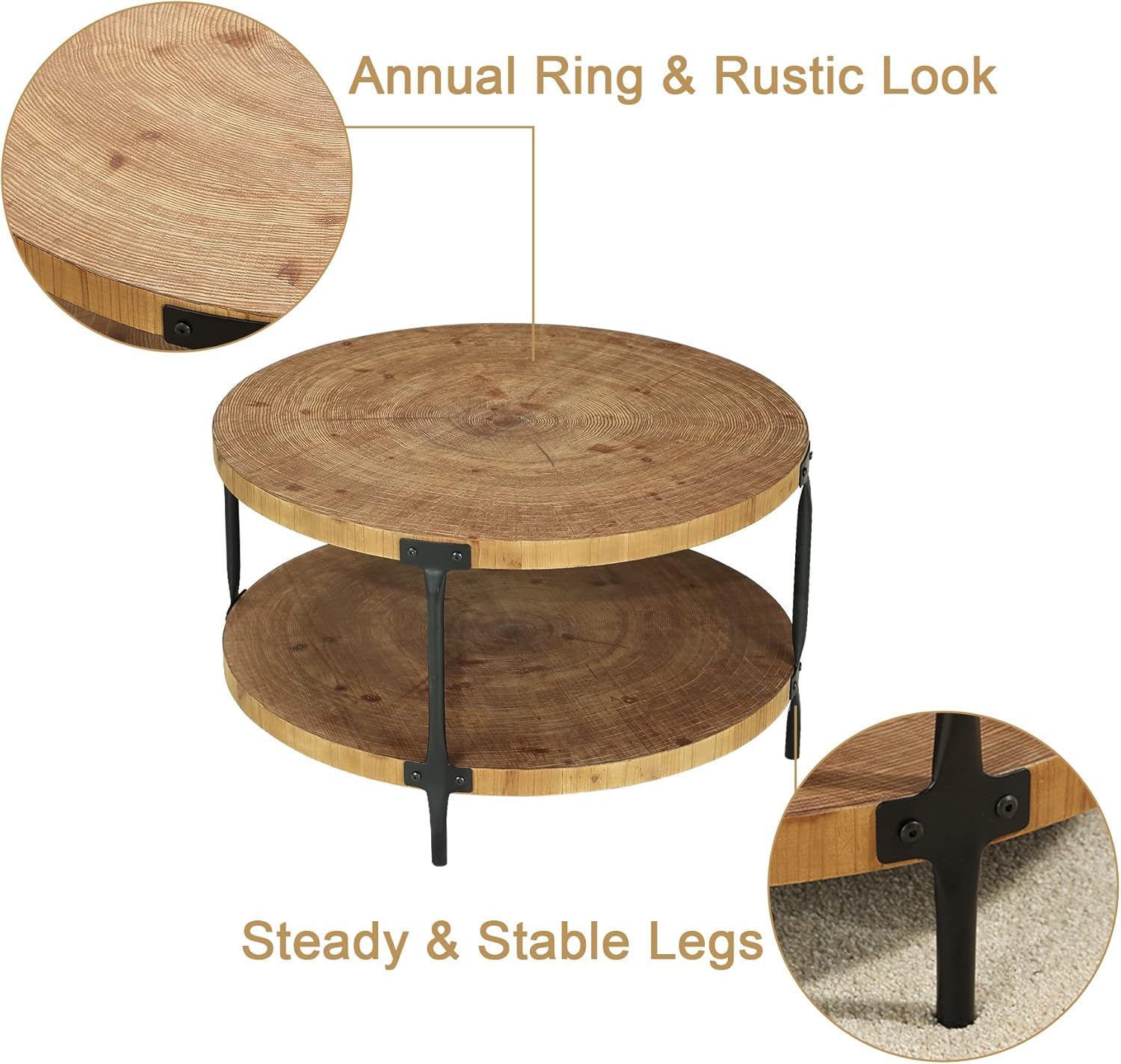 Mesita redonda de madera bohemio, 29,1 m de mesa de centro circular natural de madera tipo granja de 2 niveles, muebles de sala de estar, color madera natural, 29,1 pulgadas de profundidad x 18,3 pulgadas de alto