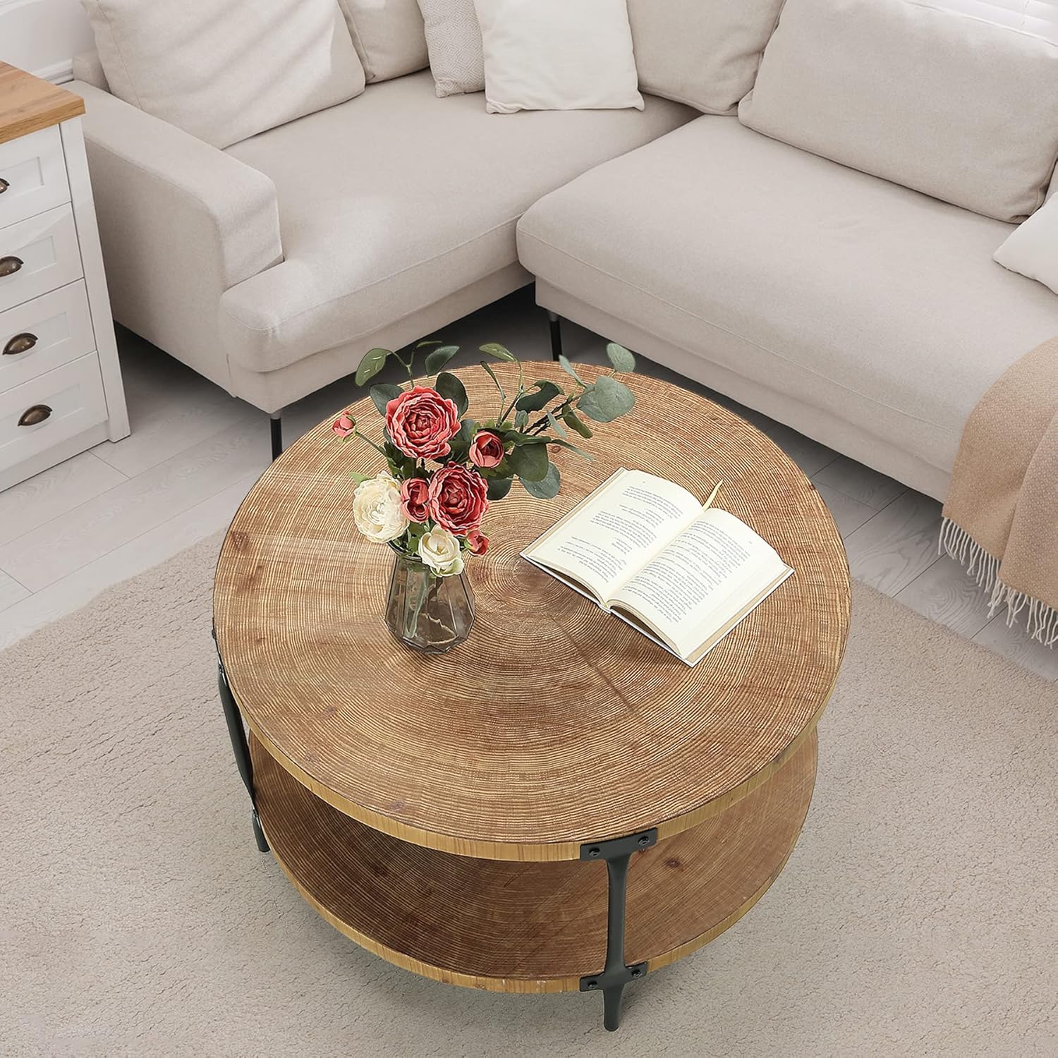 Mesita redonda de madera bohemio, 29,1 m de mesa de centro circular natural de madera tipo granja de 2 niveles, muebles de sala de estar, color madera natural, 29,1 pulgadas de profundidad x 18,3 pulgadas de alto