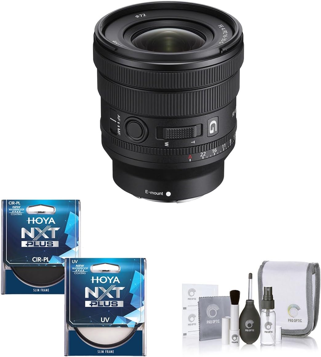 Obiettivo Sony FE PZ 16-35mm f/4 G per Sony E Bundle con kit filtri CPL e UV HMC multistrato Hoya NXT Plus da 72 mm a 10 strati, kit di pulizia