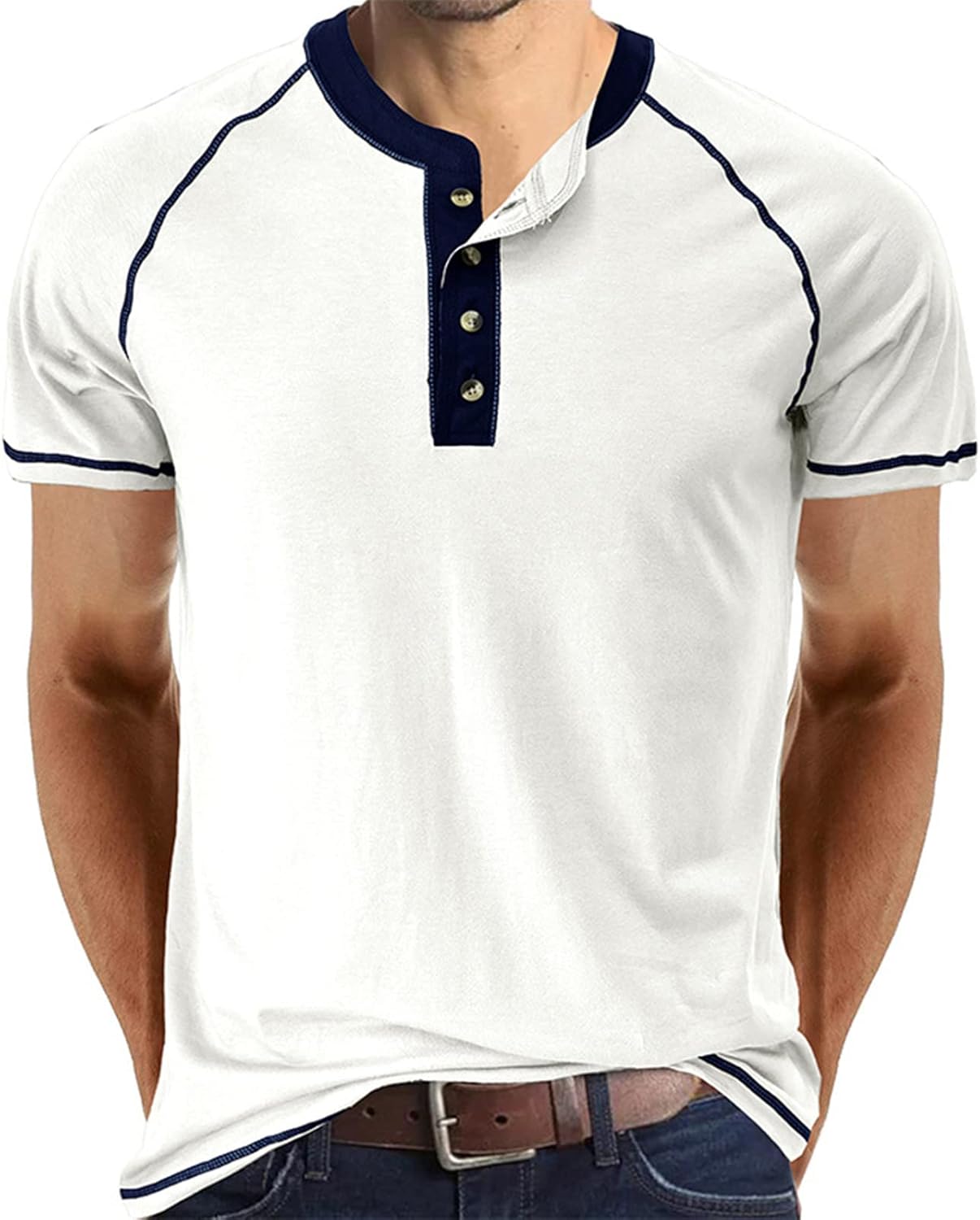 เสื้อเชิ้ต Henley สำหรับผู้ชาย ทรงหลวม แขนสั้น ผ้าฝ้าย เสื้อยืดสีพื้นคลาสสิก เสื้อยืดใส่สบาย