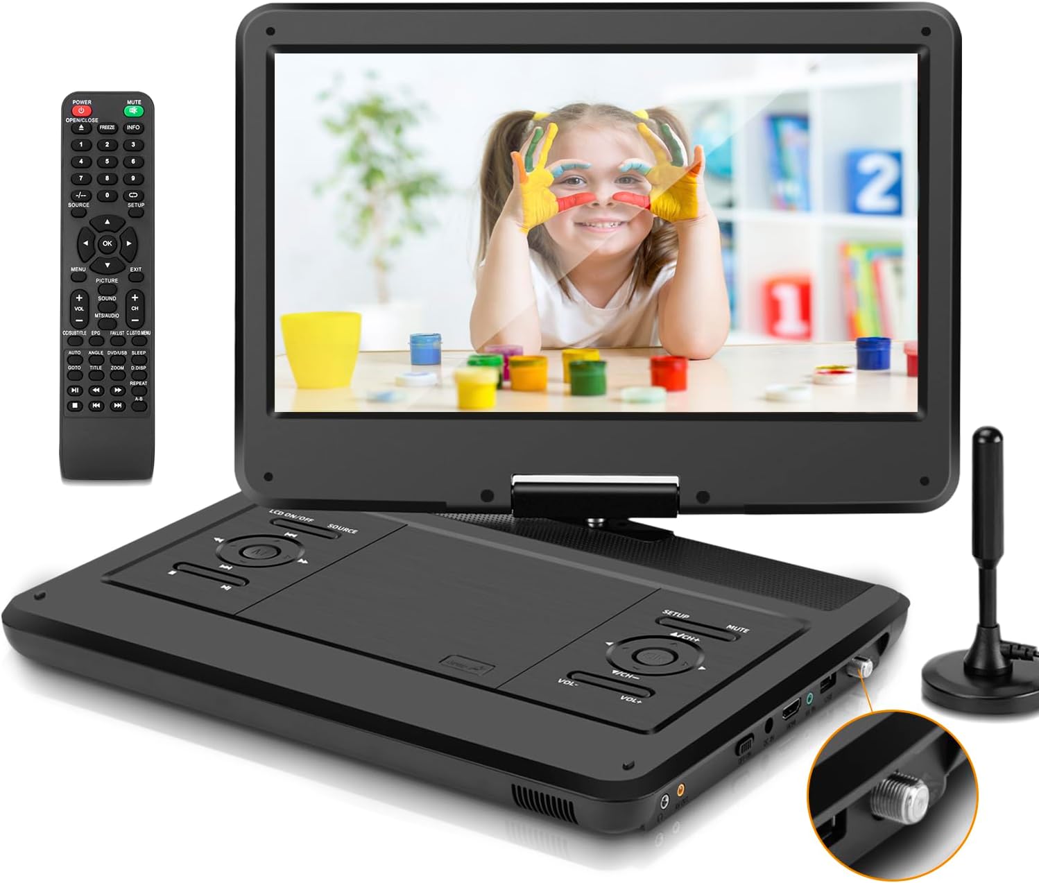 14.0" Büyük HD Döner LED Ekranlı ve Dijital TV ATSC Tuner/HDMI/USB/AV/Ses, Dahili Pil, Çift Yüksek Ses Stereo Hoparlörlü 16.5 Taşınabilir TV/DVD Oynatıcı Kombinasyonu