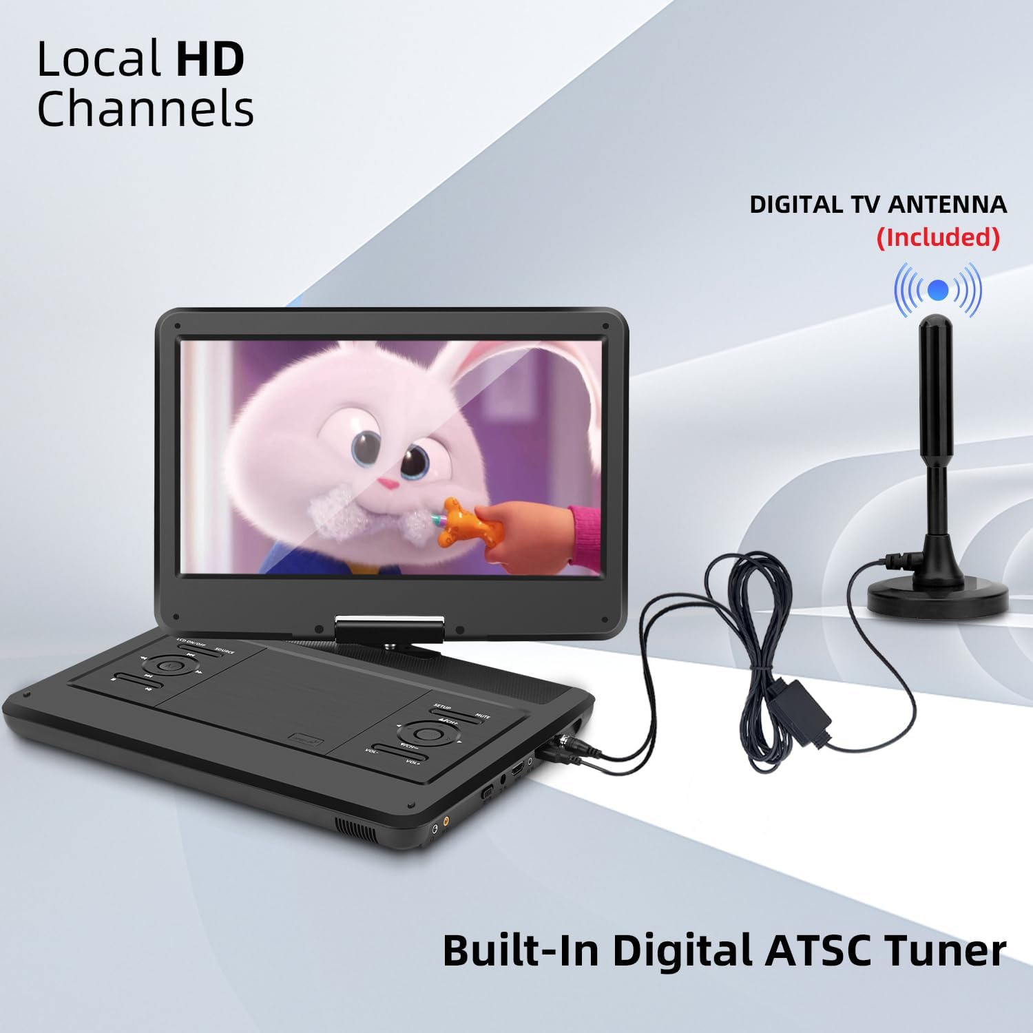 14.0" Büyük HD Döner LED Ekranlı ve Dijital TV ATSC Tuner/HDMI/USB/AV/Ses, Dahili Pil, Çift Yüksek Ses Stereo Hoparlörlü 16.5 Taşınabilir TV/DVD Oynatıcı Kombinasyonu