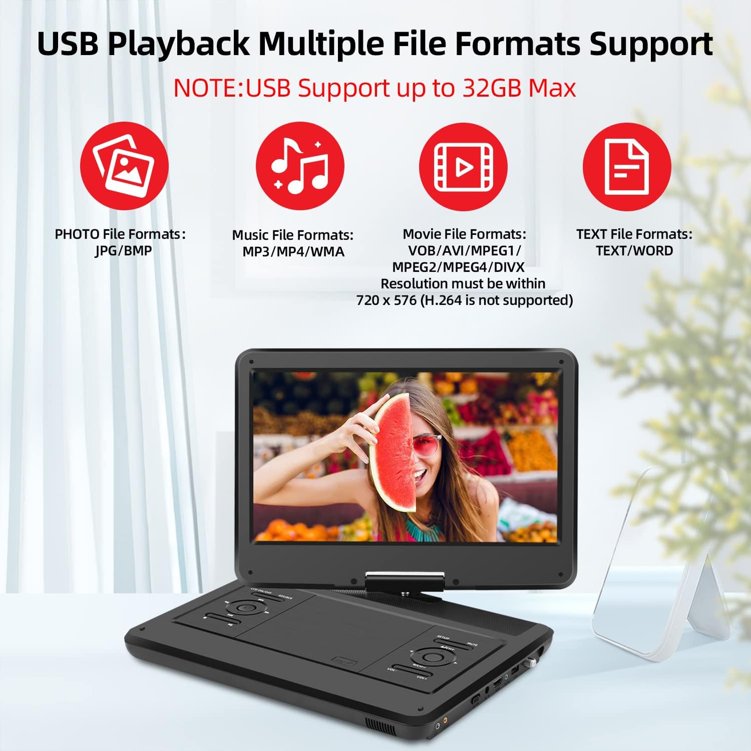 14.0" Büyük HD Döner LED Ekranlı ve Dijital TV ATSC Tuner/HDMI/USB/AV/Ses, Dahili Pil, Çift Yüksek Ses Stereo Hoparlörlü 16.5 Taşınabilir TV/DVD Oynatıcı Kombinasyonu