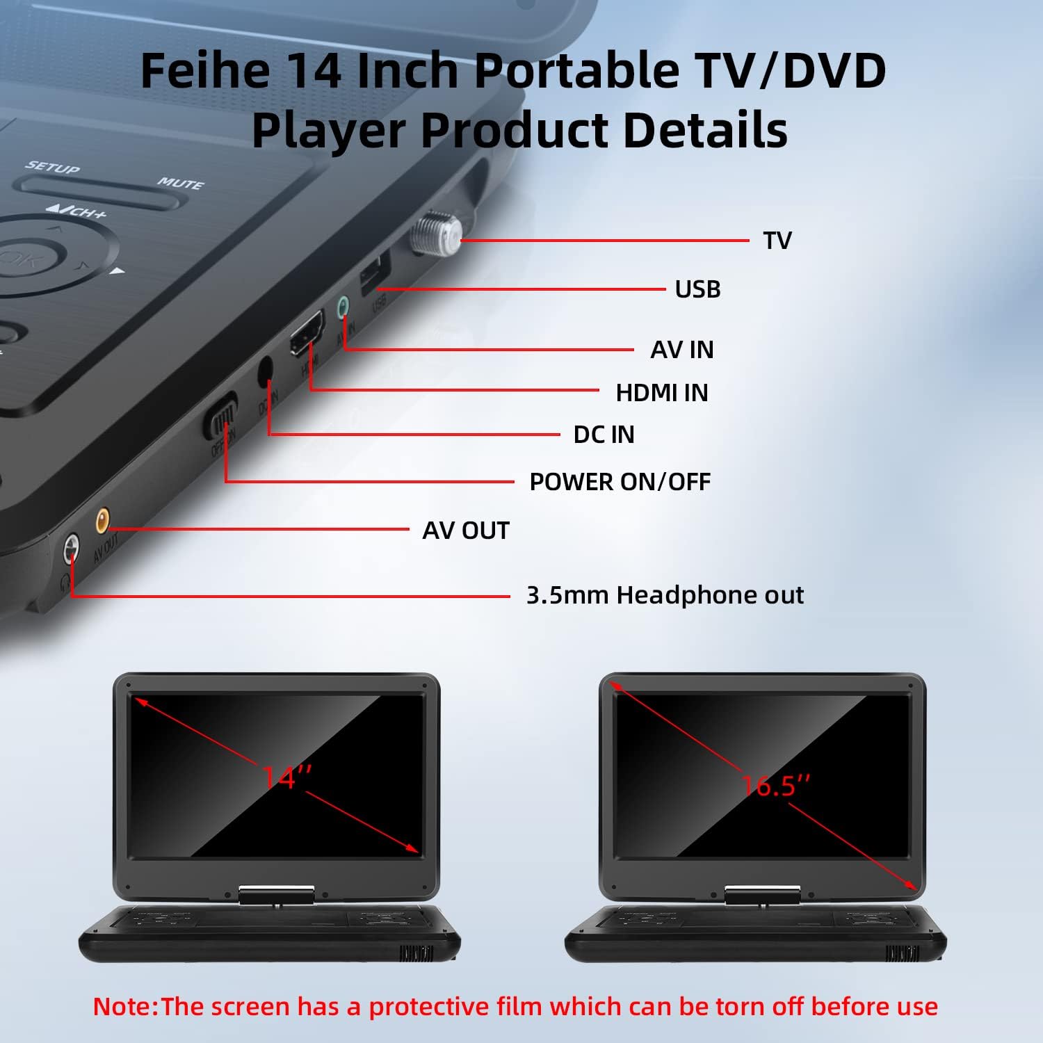 14.0" Büyük HD Döner LED Ekranlı ve Dijital TV ATSC Tuner/HDMI/USB/AV/Ses, Dahili Pil, Çift Yüksek Ses Stereo Hoparlörlü 16.5 Taşınabilir TV/DVD Oynatıcı Kombinasyonu