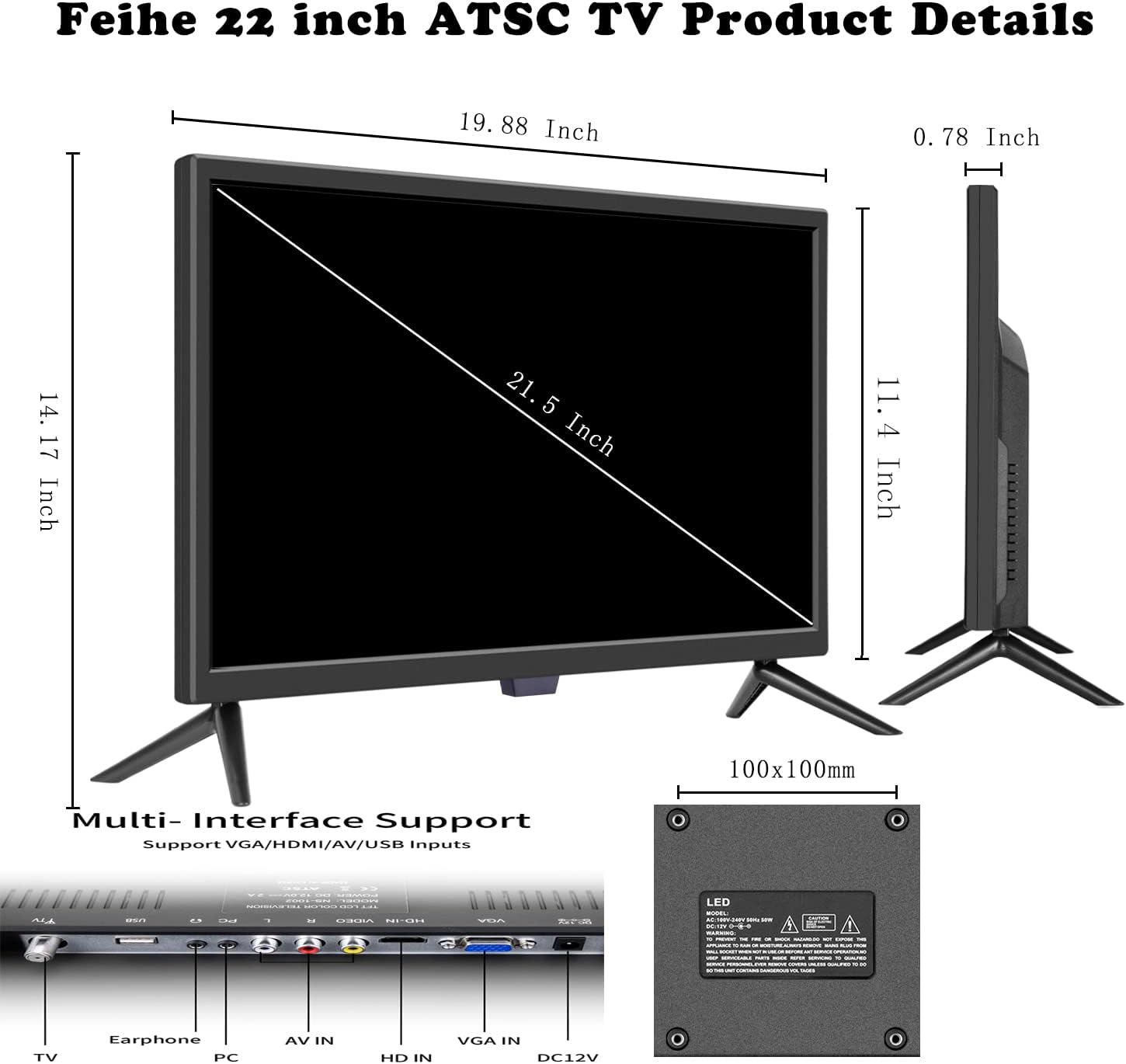 22 インチテレビ、FHD LED フラットスクリーンテレビ 1080p IPS ディスプレイ、デジタルデュアルチューナー ATSC/HDMI/VGA/AV/USB、キッチン/RV/キャラバンやボートに適した 12 ボルト RV テレビ (2022 モデル)