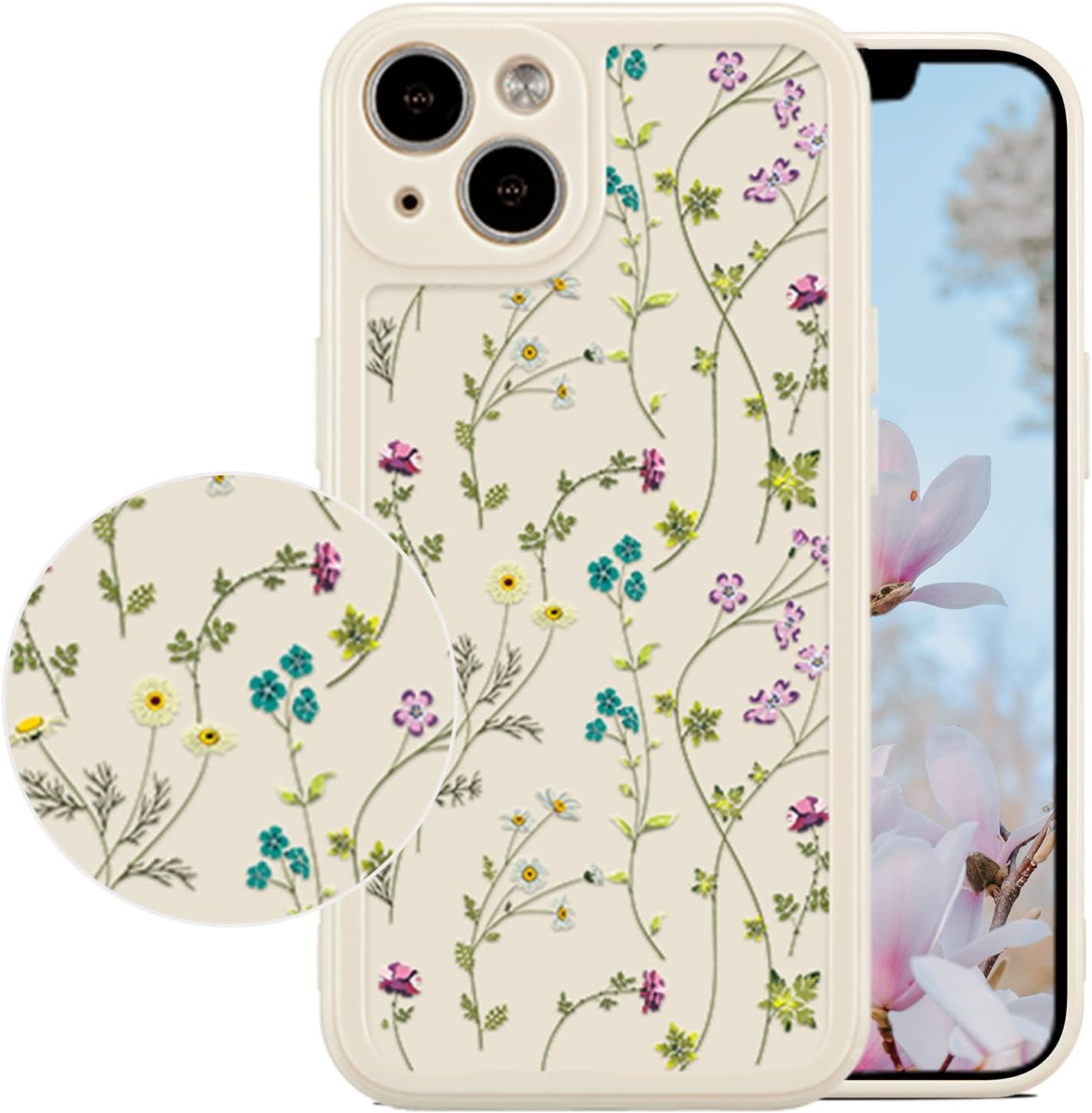 Coque florale RALEAVO pour iPhone 13, motif de branches de fleurs, jolie coque pour filles et femmes, fine et souple, en silicone souple, antichoc et antidérapante pour iPhone 13 (6.1), beige
