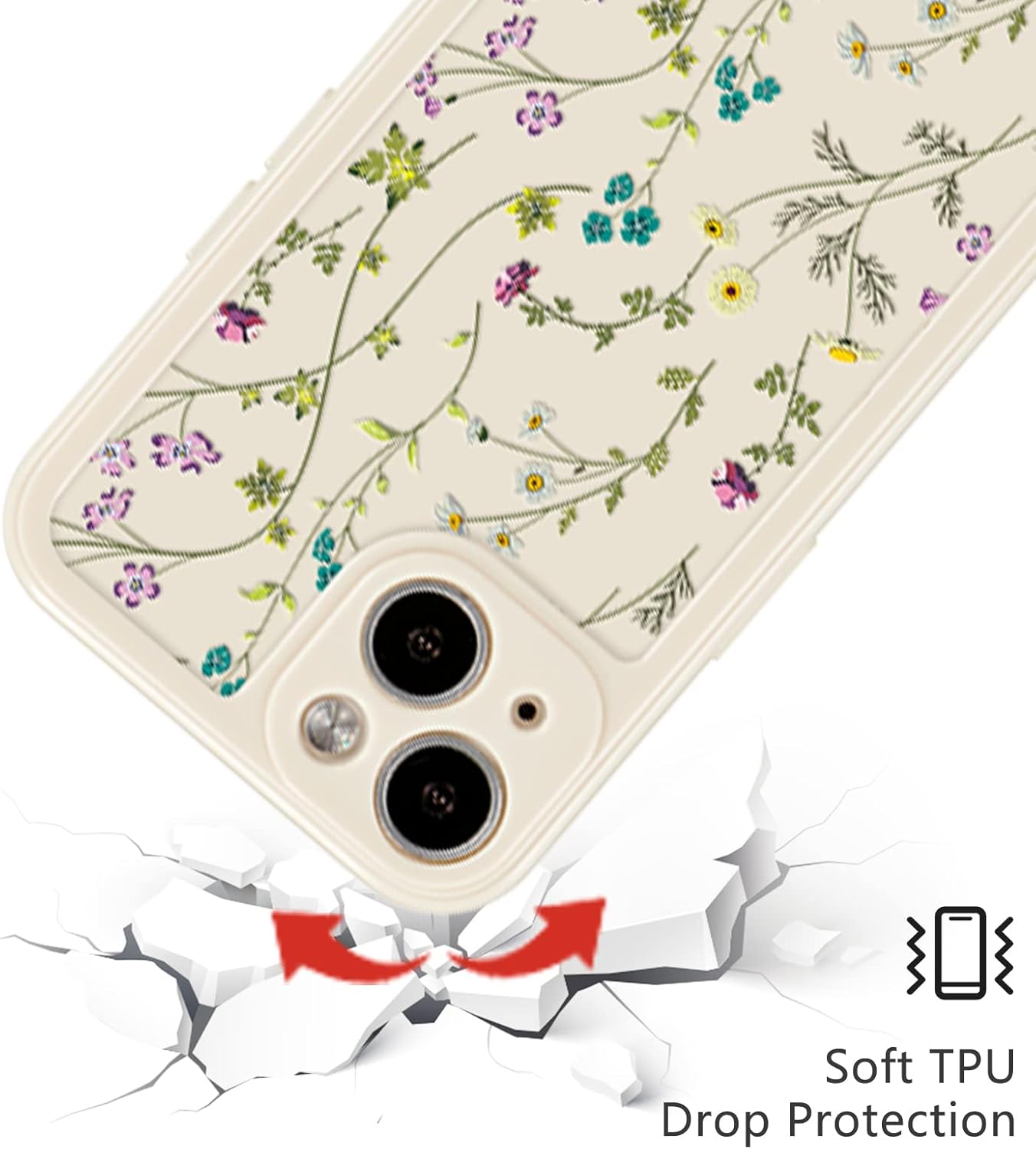 Coque florale RALEAVO pour iPhone 13, motif de branches de fleurs, jolie coque pour filles et femmes, fine et souple, en silicone souple, antichoc et antidérapante pour iPhone 13 (6.1), beige