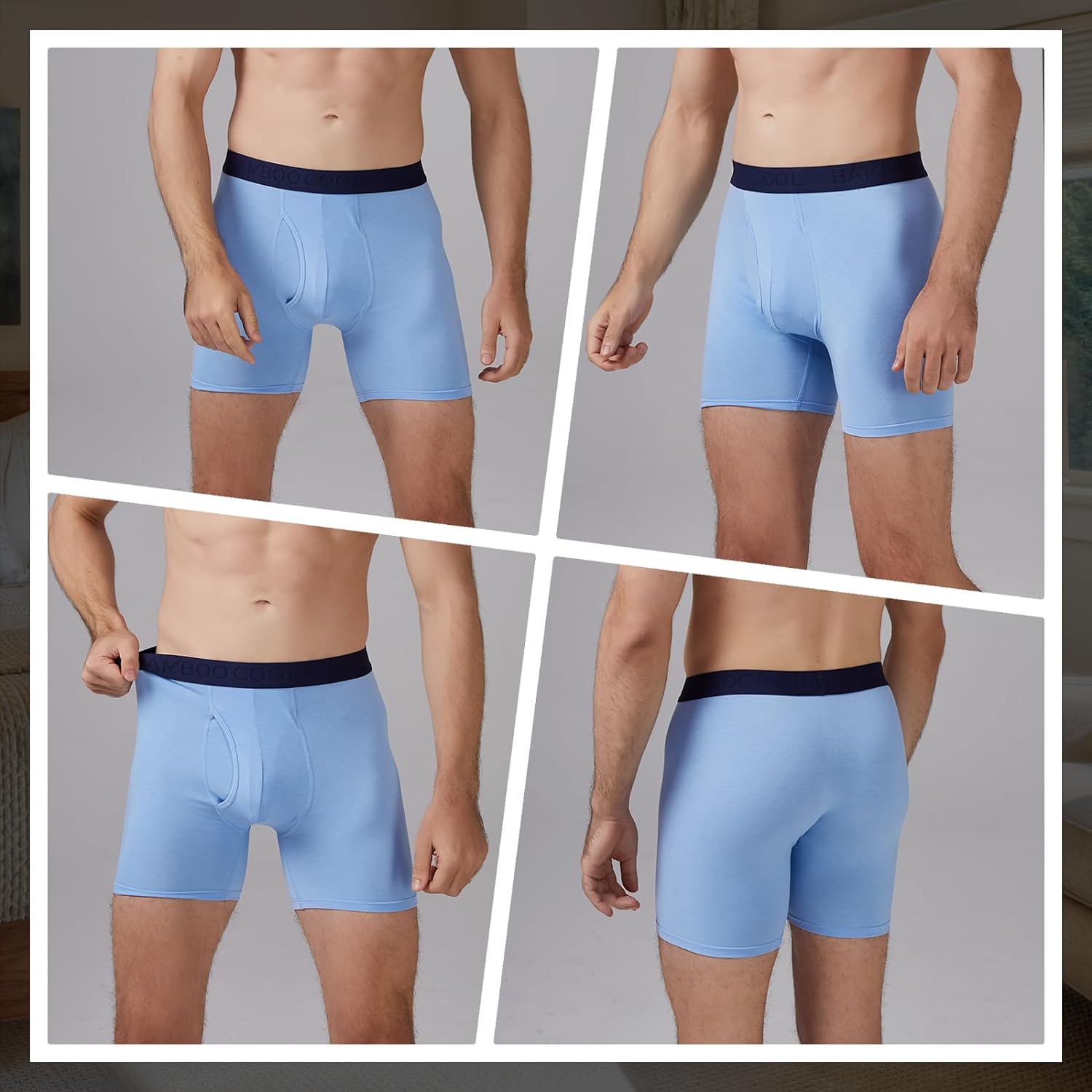 BAMBOO COOL boxershorts voor heren, Fly met ingebouwd 3D-zakje, comfortabel cool ondergoed voor heren, set van 4