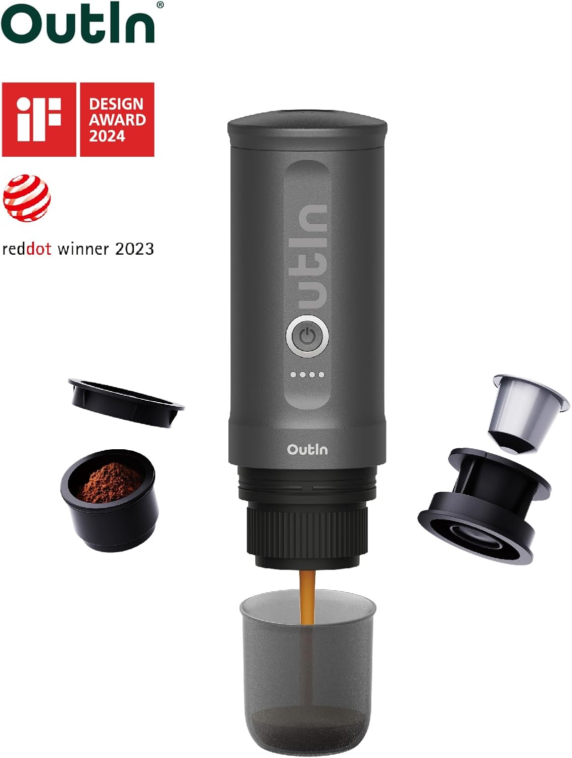 Tragbare elektrische Espressomaschine von Outin Nano, Reisekaffeemaschine für Camping, Autokaffeemaschine mit USB-C, mit NS-Kapsel aus gemahlenem Kaffee für Wohnmobil, Wandern, Büro