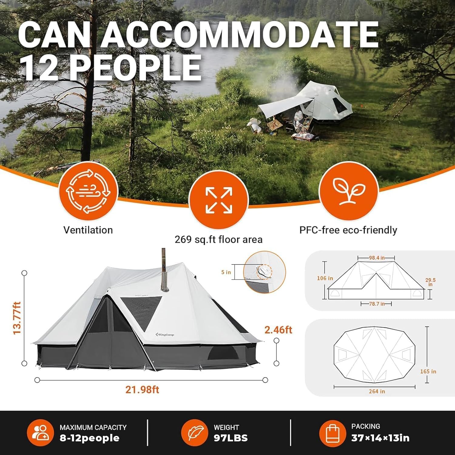 KingCamp Rundzelt aus Segeltuch für Camping, 4 Seasons Camping Jurtenzelt, mit Herdbuchsen, luxuriöse wasserdichte und atmungsaktive Glamping-Zelte für Familiencamping, Outdoor-Jagdparty