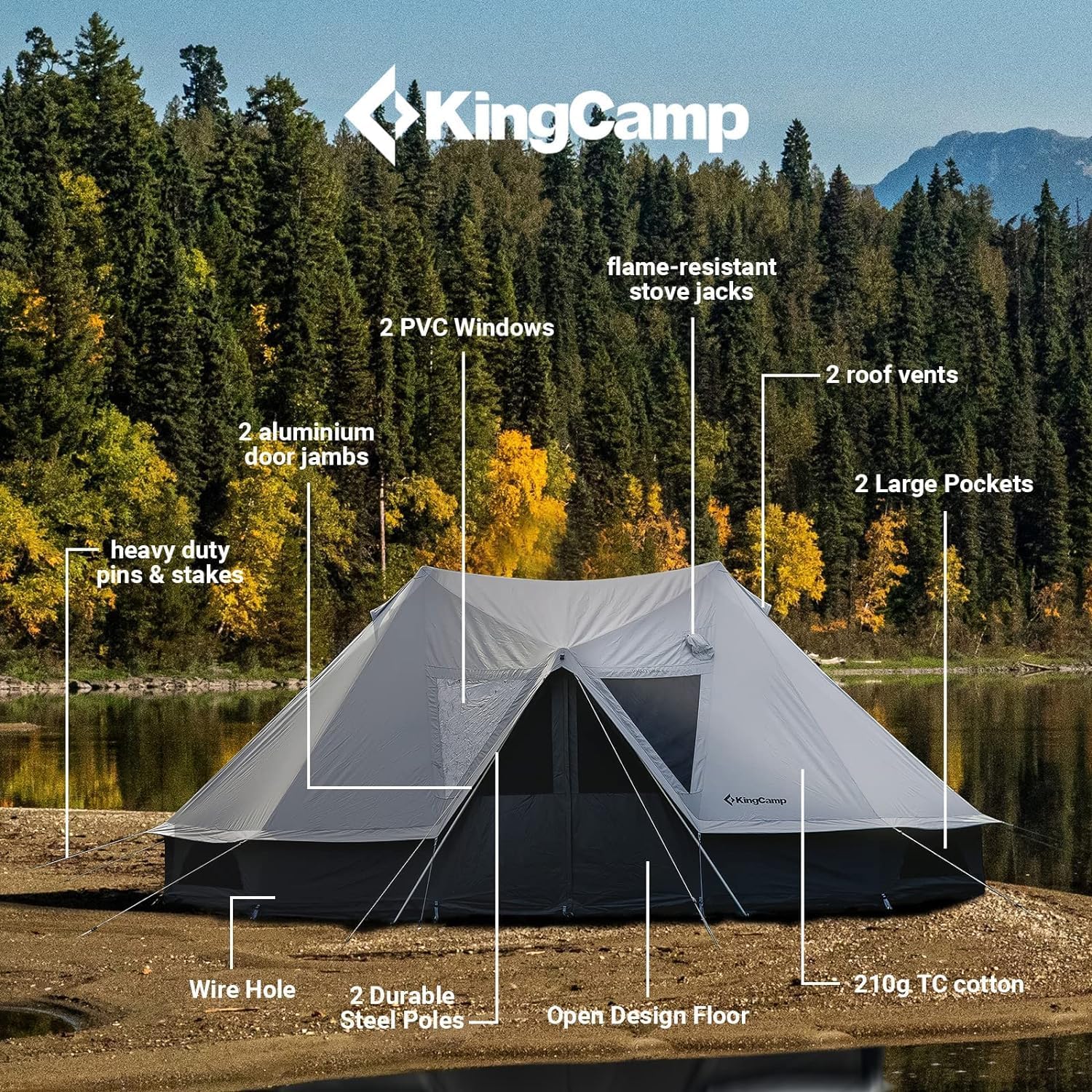 KingCamp Rundzelt aus Segeltuch für Camping, 4 Seasons Camping Jurtenzelt, mit Herdbuchsen, luxuriöse wasserdichte und atmungsaktive Glamping-Zelte für Familiencamping, Outdoor-Jagdparty
