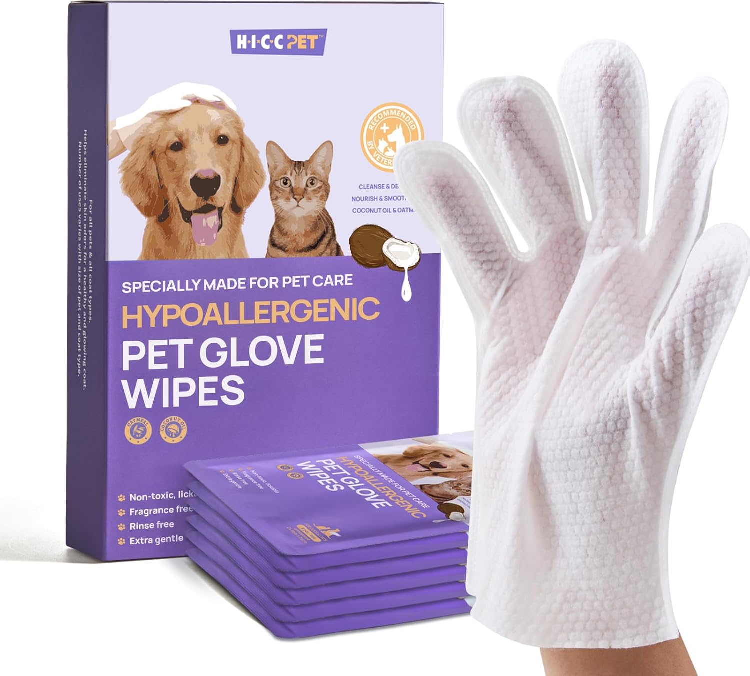 HICC PET Cleaning Deodorizing Bathing Wipes for Dogs  Cats, Hypoallergenic Dog Cleaning Glove Wipes with Coconut Oil Nourishing Grooming Fur, Cat Cleaning Wipes for Daily Care and Traveling
