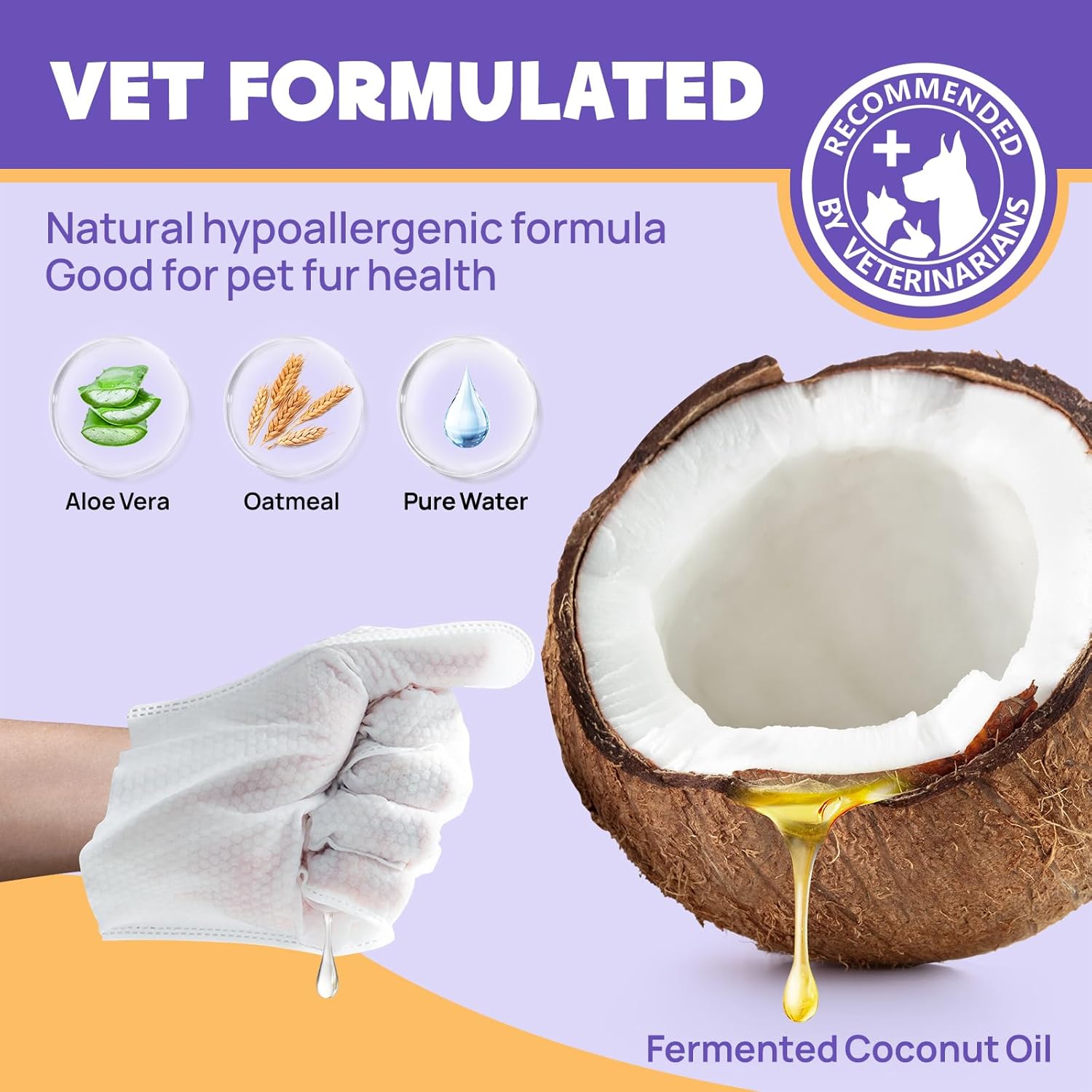 HICC PET Cleaning Deodorizing Bathing Wipes for Dogs  Cats, Hypoallergenic Dog Cleaning Glove Wipes with Coconut Oil Nourishing Grooming Fur, Cat Cleaning Wipes for Daily Care and Traveling