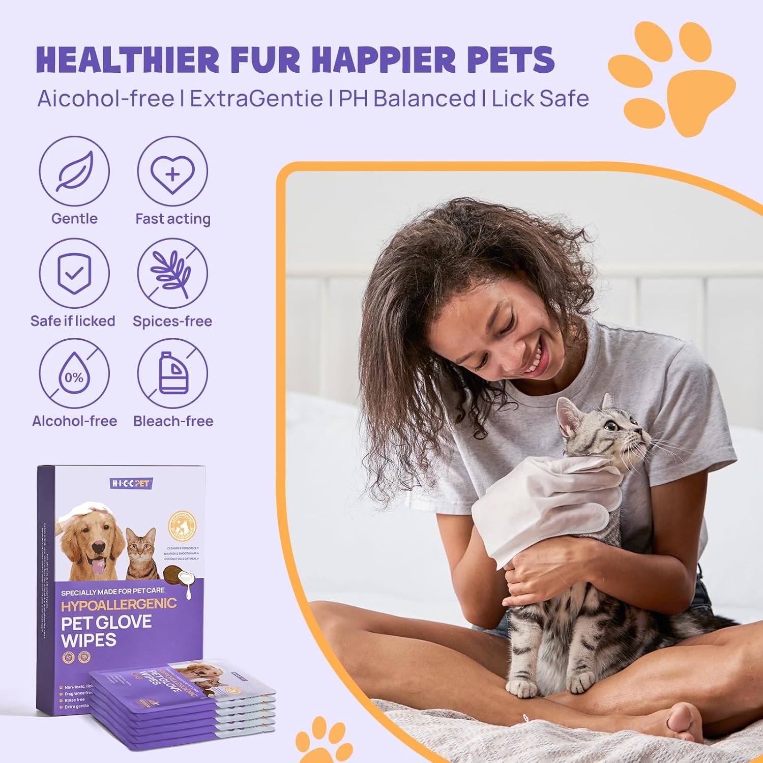 HICC PET Cleaning Deodorizing Bathing Wipes for Dogs  Cats, Hypoallergenic Dog Cleaning Glove Wipes with Coconut Oil Nourishing Grooming Fur, Cat Cleaning Wipes for Daily Care and Traveling