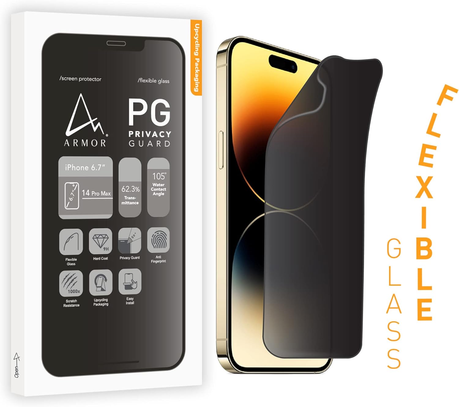 ARMOR Flexible Glass Screen Protector for iPhone 14 Pro Max, Privacy Guard with 9H