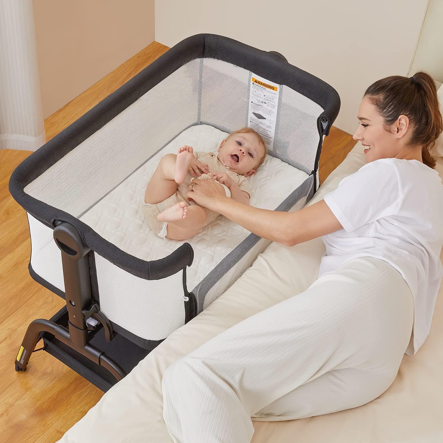 BabyBond Baby Bassinet, 3 in 1 Bassinet Bedside Sleeper with Washable Soft Mattress and Sheet, 6 Height Adjustable Bedside Crib, 4-Sided Mesh Bedside Bassinet for Baby