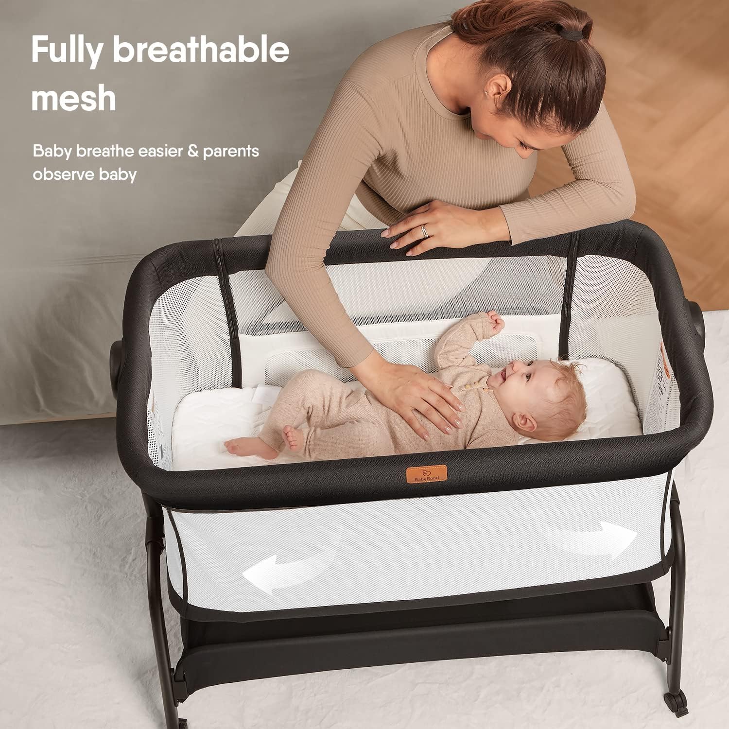 BabyBond Baby Bassinet, 3 in 1 Bassinet Bedside Sleeper with Washable Soft Mattress and Sheet, 6 Height Adjustable Bedside Crib, 4-Sided Mesh Bedside Bassinet for Baby · v2