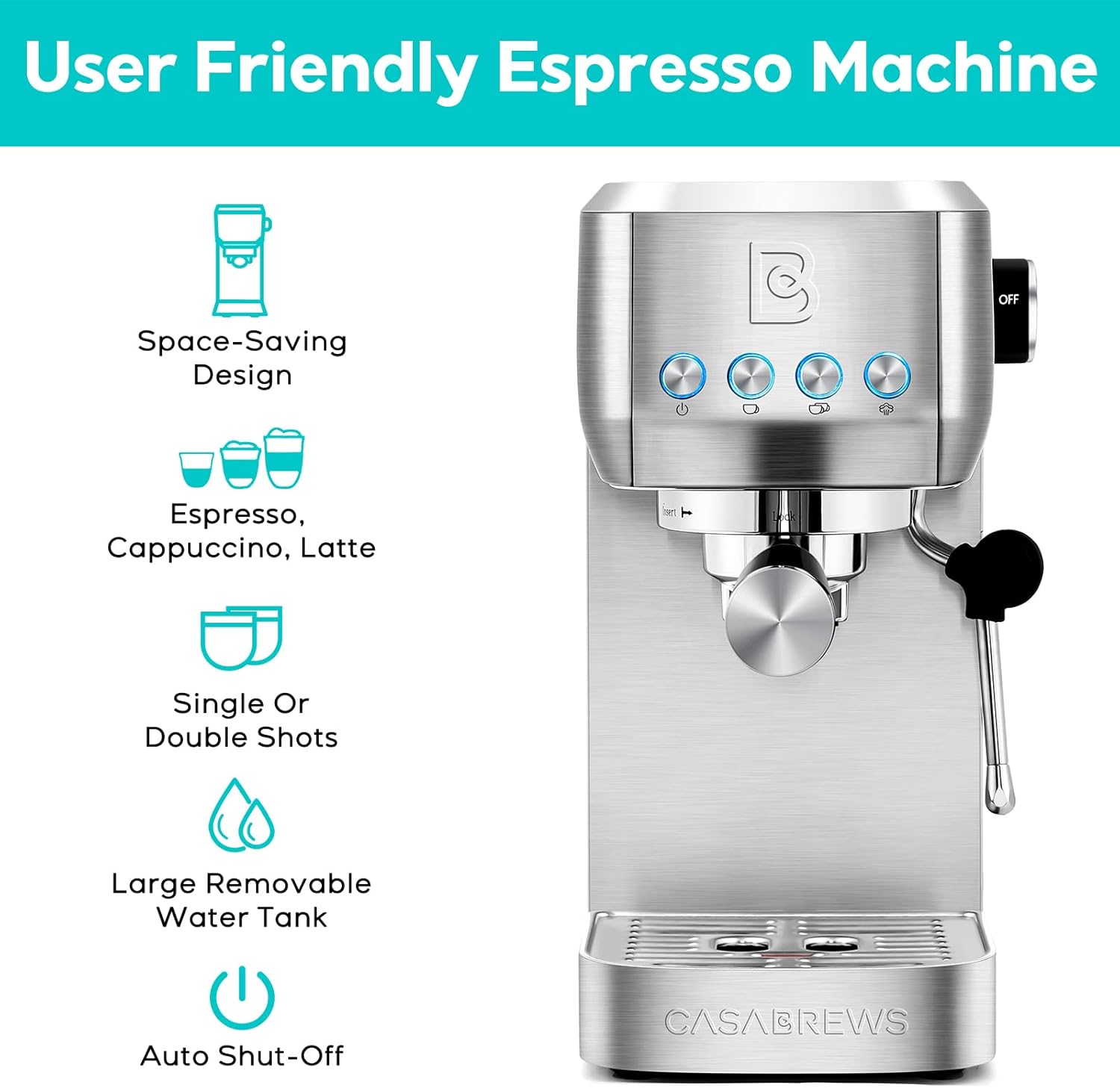 Máquina espresso CASABREWS de 20 bares, máquina de café espresso profesional con espumador de leche a vapor, máquina de café espresso de acero inoxidable con depósito de agua extraíble de 49 onzas, plateada