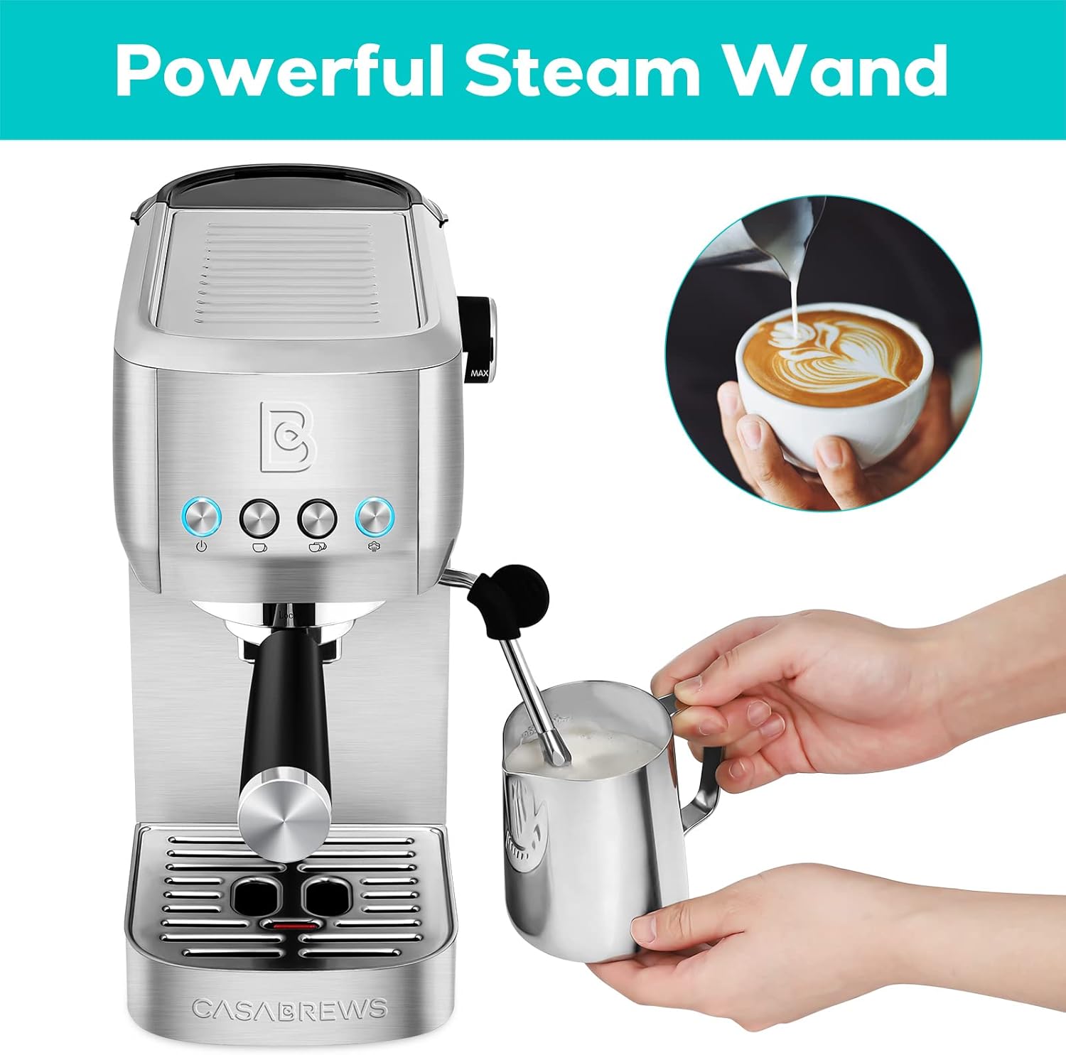 Máquina espresso CASABREWS de 20 bares, máquina de café espresso profesional con espumador de leche a vapor, máquina de café espresso de acero inoxidable con depósito de agua extraíble de 49 onzas, plateada