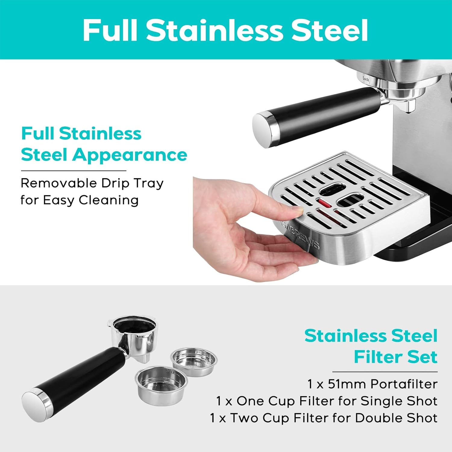 Máquina espresso CASABREWS de 20 bares, máquina de café espresso profesional con espumador de leche a vapor, máquina de café espresso de acero inoxidable con depósito de agua extraíble de 49 onzas, plateada