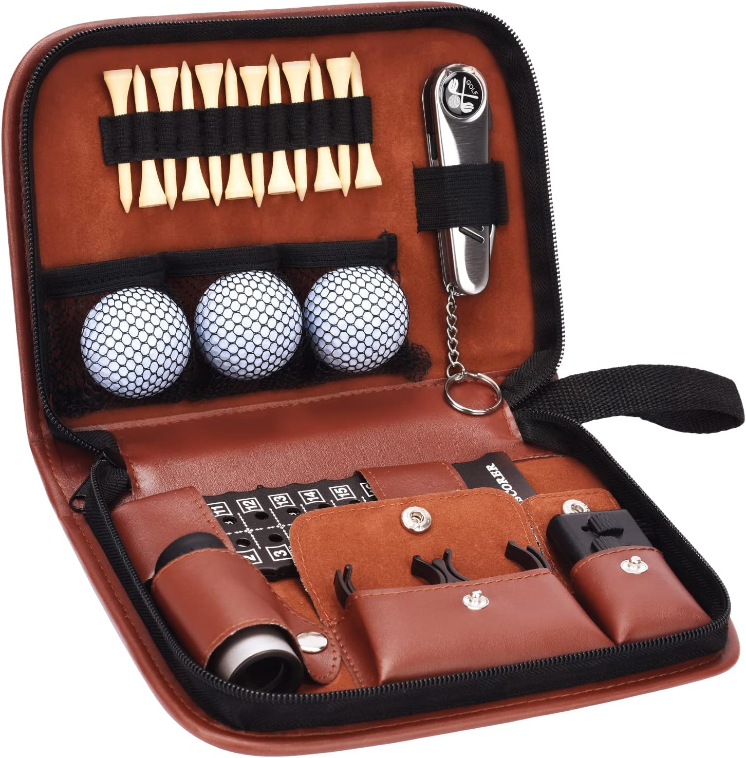 Cadeaux de golf pour hommes et femmes, ensemble d'accessoires de golf avec étui haut de gamme, balles de golf, télémètre, tees de golf, brosse, couteau multifonctionnel, marqueur, pince à balle de golf