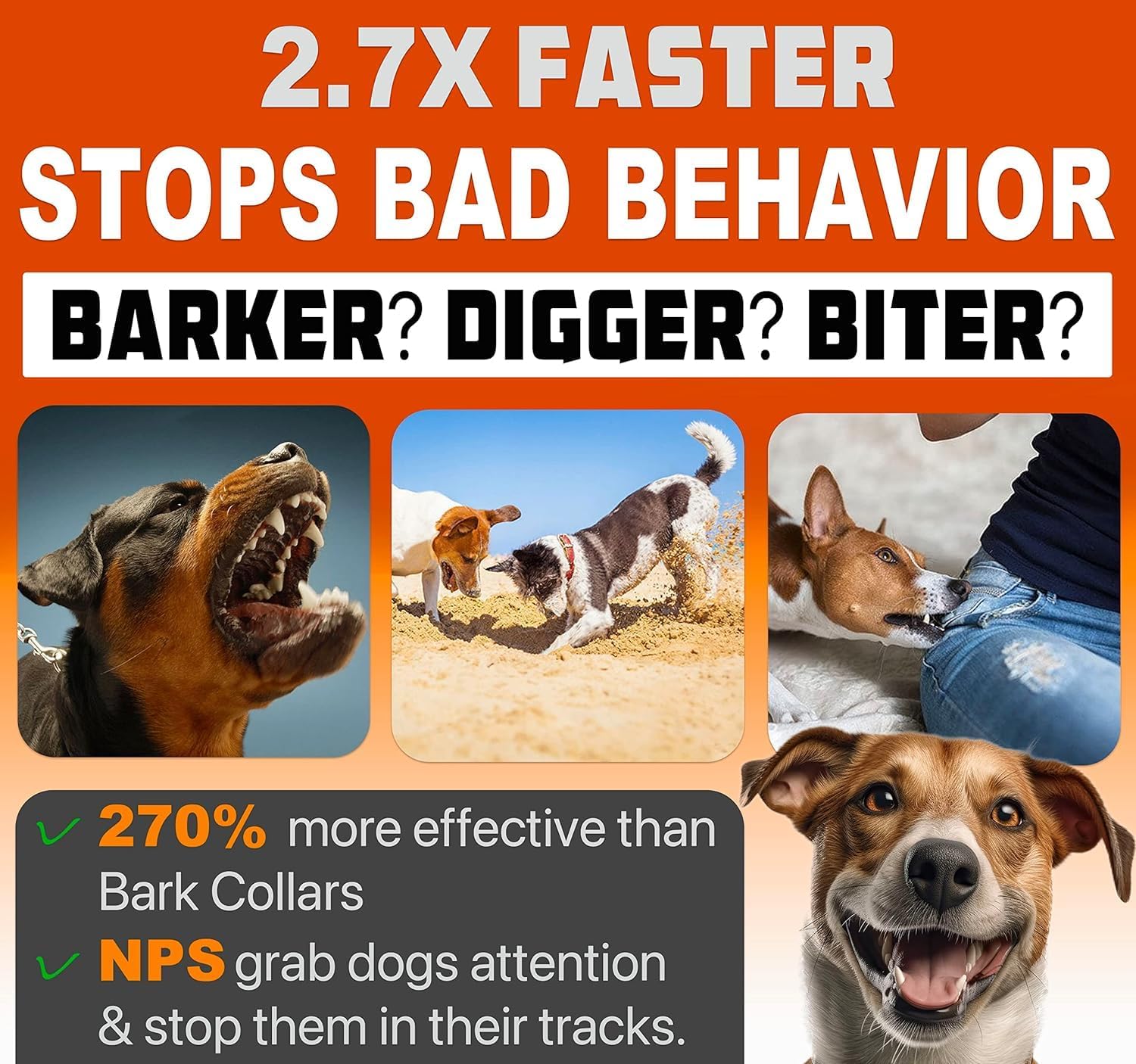 NPS Dog Bark Deterrent Devices w/ 3X Sonic emitters 50ft Range | Professional Dog Training Tool, Anti Bark Device for Dogs |Best Behavior Aid - Barking Silencer Indoor  Outdoor, Rechargeable · v3
