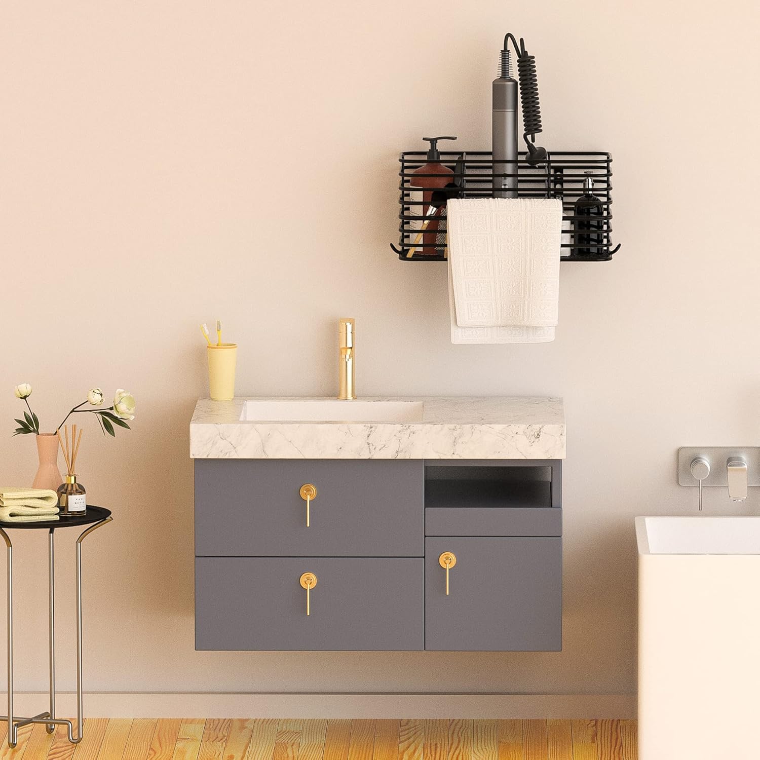 LONGD Bathroom Organizer,Hair Tool Organizer,Hair Dryer Holder,Daily Necessities Storage, 6 Height Adjustable,Wall/Cabinet Door Type, Suitable for Bathroom, Kitchen, Bedroom Storage, Black · v2