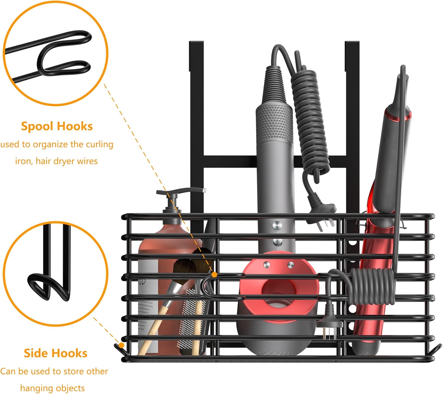 LONGD Bathroom Organizer,Hair Tool Organizer,Hair Dryer Holder,Daily Necessities Storage, 6 Height Adjustable,Wall/Cabinet Door Type, Suitable for Bathroom, Kitchen, Bedroom Storage, Black · v2
