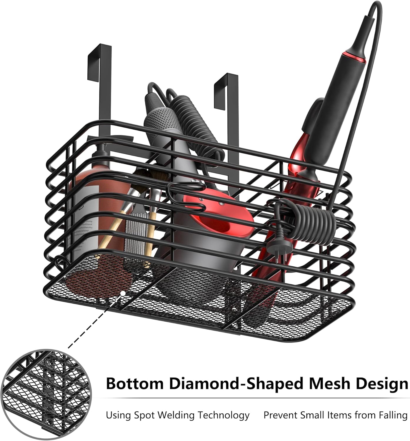 LONGD Bathroom Organizer,Hair Tool Organizer,Hair Dryer Holder,Daily Necessities Storage, 6 Height Adjustable,Wall/Cabinet Door Type, Suitable for Bathroom, Kitchen, Bedroom Storage, Black · v2