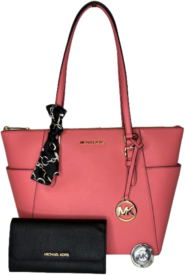 MICHAEL Michael Kors Charlotte Large Zip Tote bundled with matching Trifold Wallet, Purse Hook and Skinny Scarf