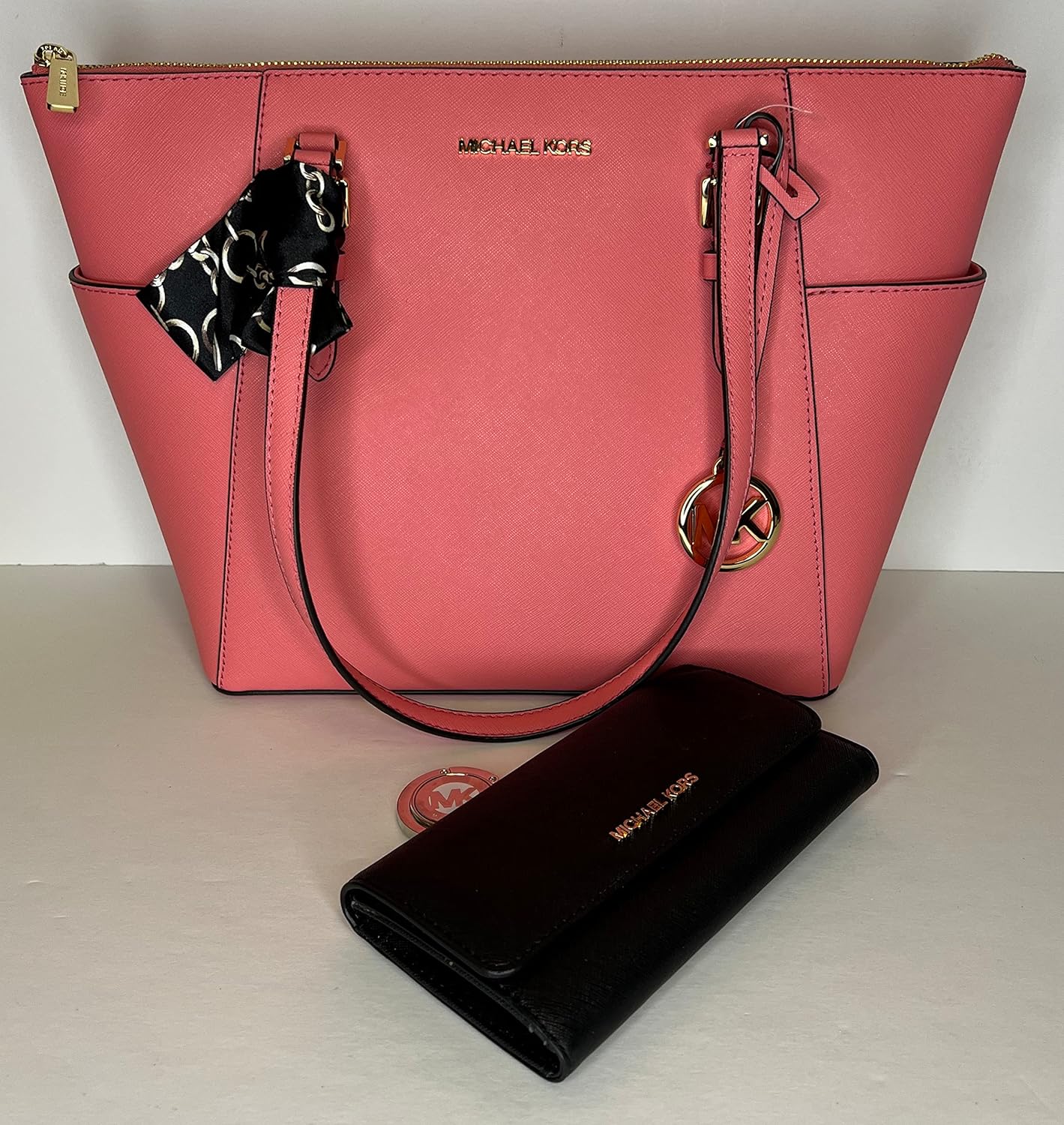 MICHAEL Michael Kors Charlotte Large Zip Tote bundled with matching Trifold Wallet, Purse Hook and Skinny Scarf · v3