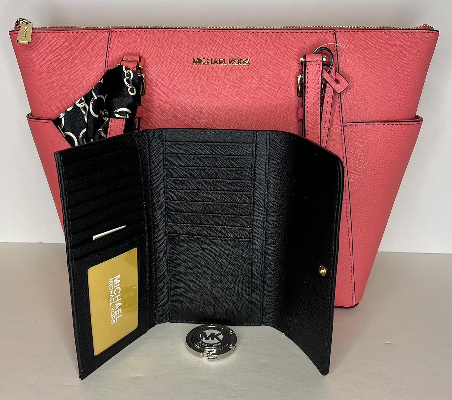 MICHAEL Michael Kors Charlotte Large Zip Tote bundled with matching Trifold Wallet, Purse Hook and Skinny Scarf · v3