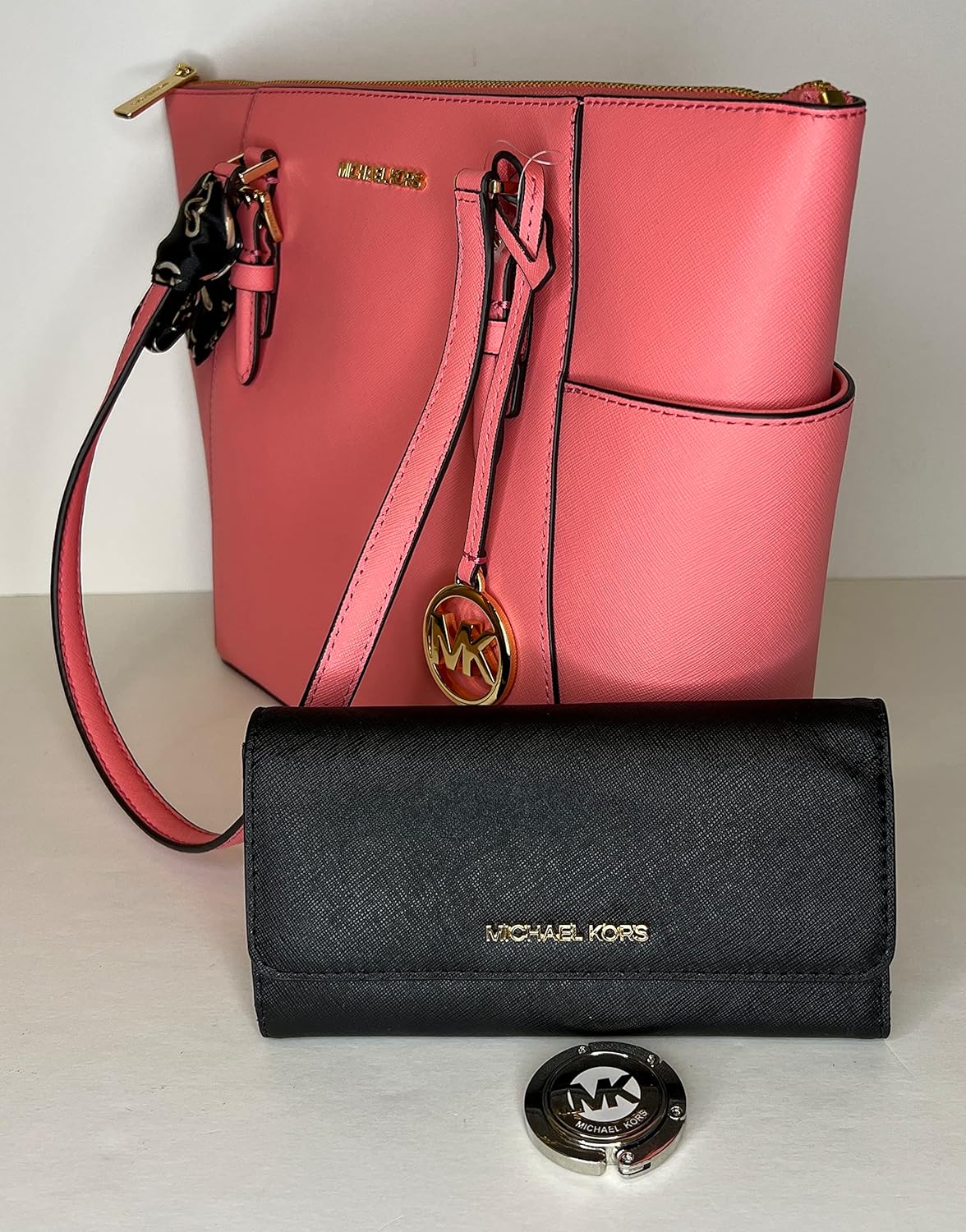 MICHAEL Michael Kors Charlotte Large Zip Tote bundled with matching Trifold Wallet, Purse Hook and Skinny Scarf · v3