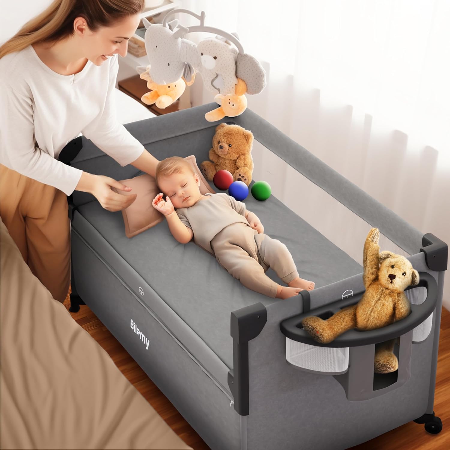 Baby Bassinets Bedside Sleeper Culla 7 in 1 per neonati E-Book | Culla da comodino Cunas para Bebes con fasciatoio, Pack and Play, parasole e zanzariera (modello 2024)