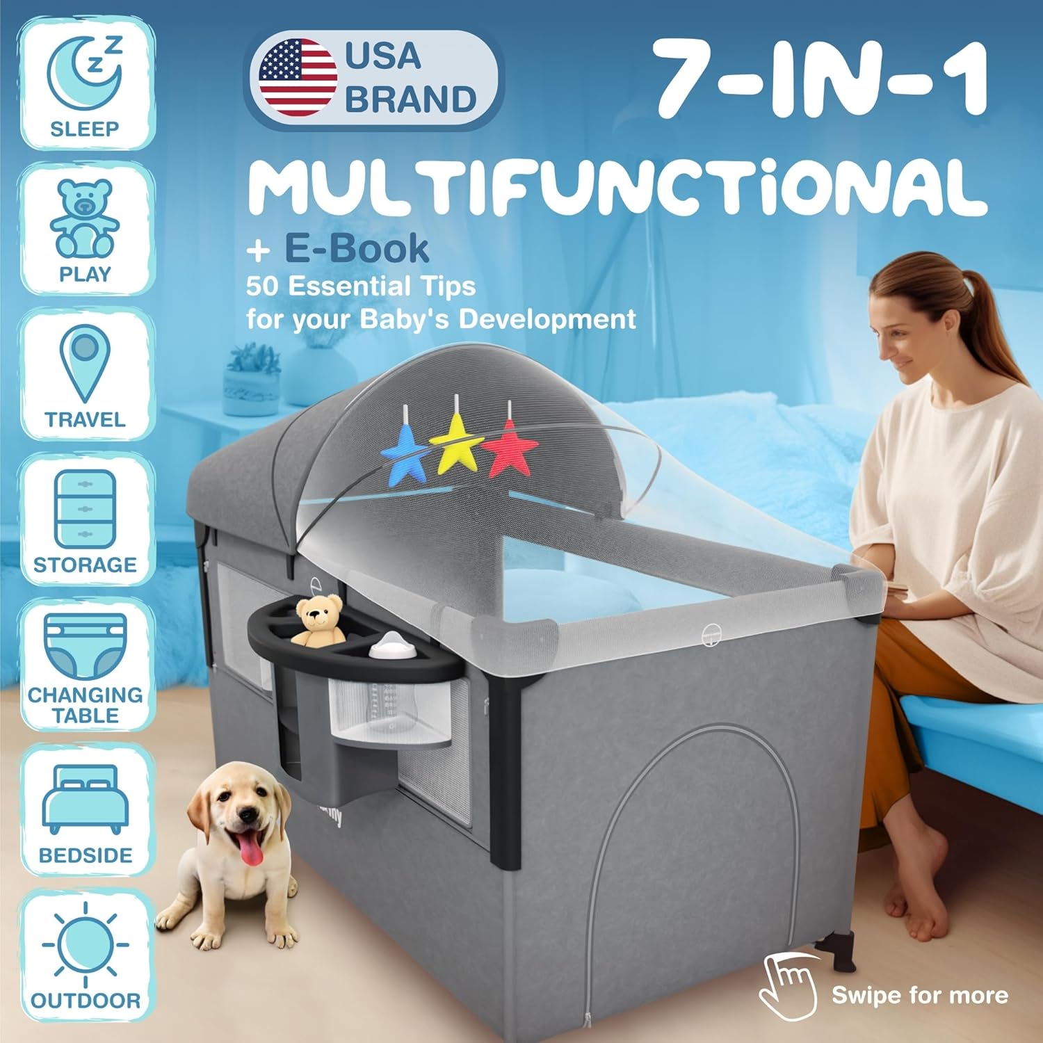 Baby Bassinets Bedside Sleeper Culla 7 in 1 per neonati E-Book | Culla da comodino Cunas para Bebes con fasciatoio, Pack and Play, parasole e zanzariera (modello 2024)