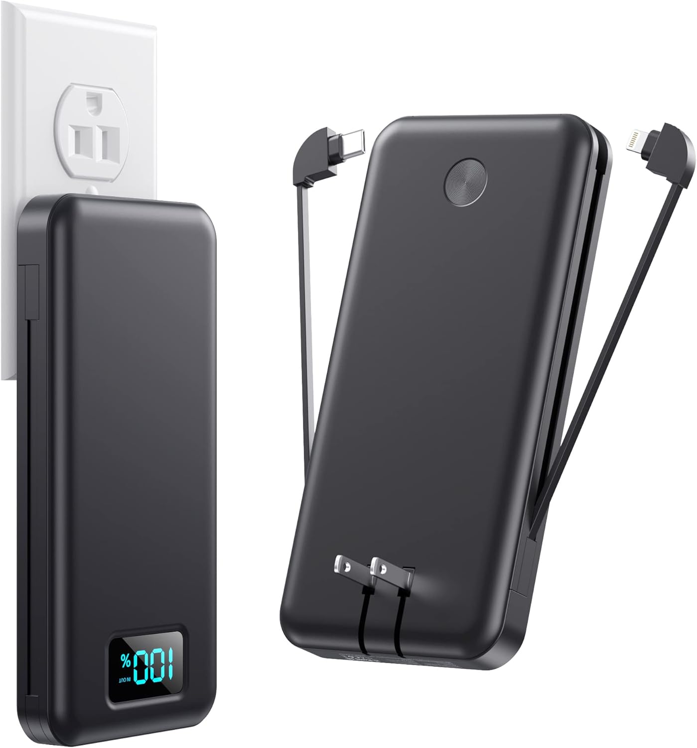 Chargeur portable avec câbles intégrés, prise murale secteur, banque d'alimentation USB-C ultra fine de 13800 mAh, écran LCD à 4 sorties, batterie externe, chargeur de téléphone compatible avec l'iPhone 15/14/13, Samsung Android, etc.