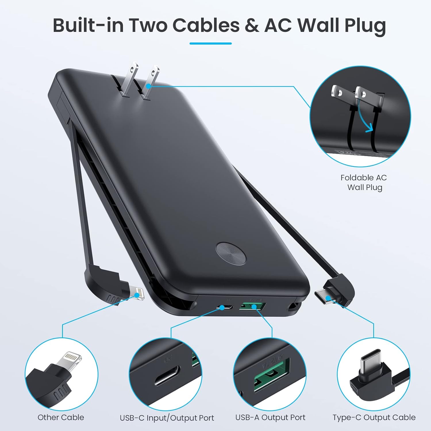 Portable Charger with Built-in Cables  AC Wall Plug,Ultra Slim 13800mAh USB-C Power Bank, 4 Output LCD Display External Battery Pack Phone Charger Compatible with iPhone 15/14/13 Samsung Android etc · v2