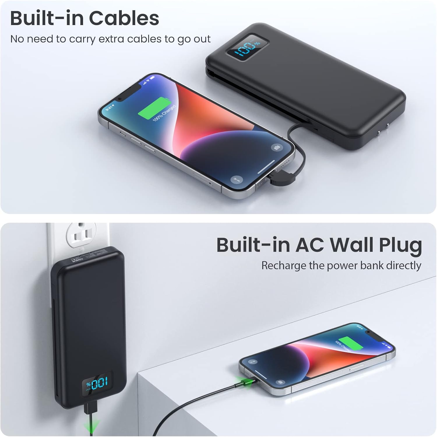 Portable Charger with Built-in Cables  AC Wall Plug,Ultra Slim 13800mAh USB-C Power Bank, 4 Output LCD Display External Battery Pack Phone Charger Compatible with iPhone 15/14/13 Samsung Android etc · v2