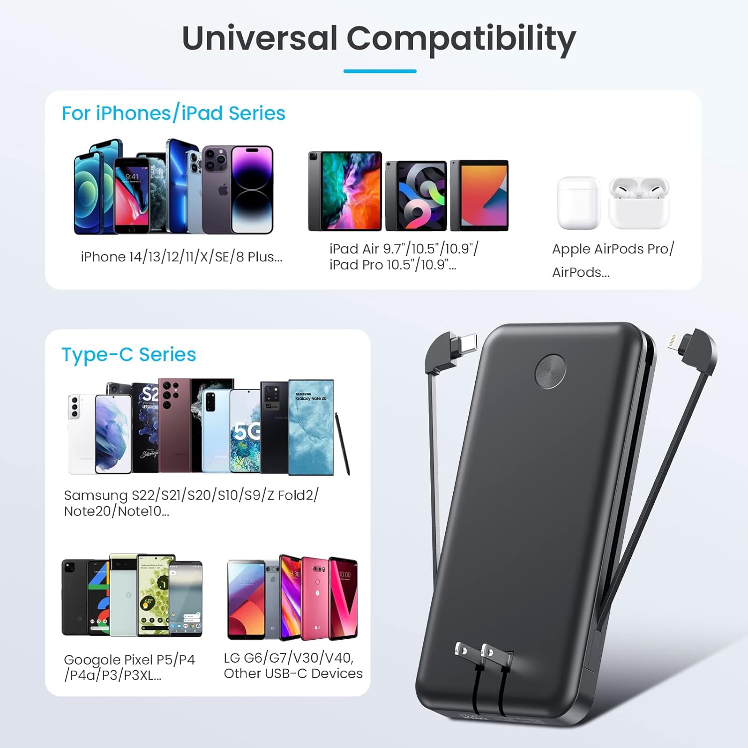 Portable Charger with Built-in Cables  AC Wall Plug,Ultra Slim 13800mAh USB-C Power Bank, 4 Output LCD Display External Battery Pack Phone Charger Compatible with iPhone 15/14/13 Samsung Android etc · v2
