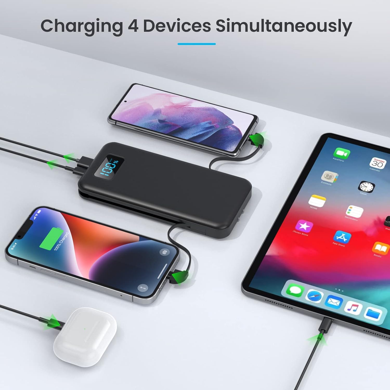 Portable Charger with Built-in Cables  AC Wall Plug,Ultra Slim 13800mAh USB-C Power Bank, 4 Output LCD Display External Battery Pack Phone Charger Compatible with iPhone 15/14/13 Samsung Android etc · v2