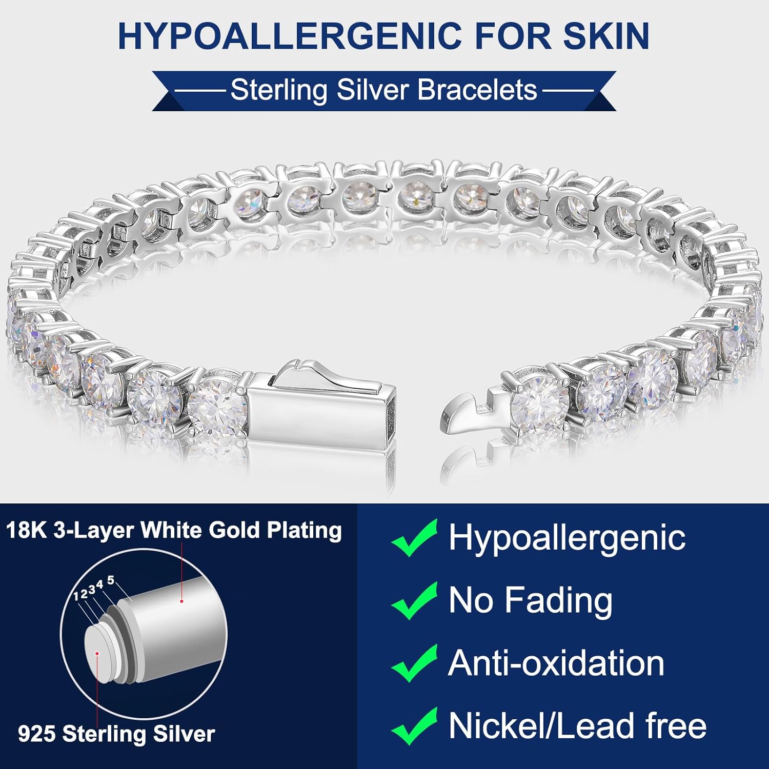 Moissanite Tennis Bracelet, 4.8ct-21ct Lab Created Diamond Bracelets for Women, 18k White/Yellow Gold Plated 925 Sterling Silver Mens Bracelet, 2-5mm D Color VVS1 Round Cut Moissanite Bracelet Gift for Her with GRA Certificate of Authenticity · v10