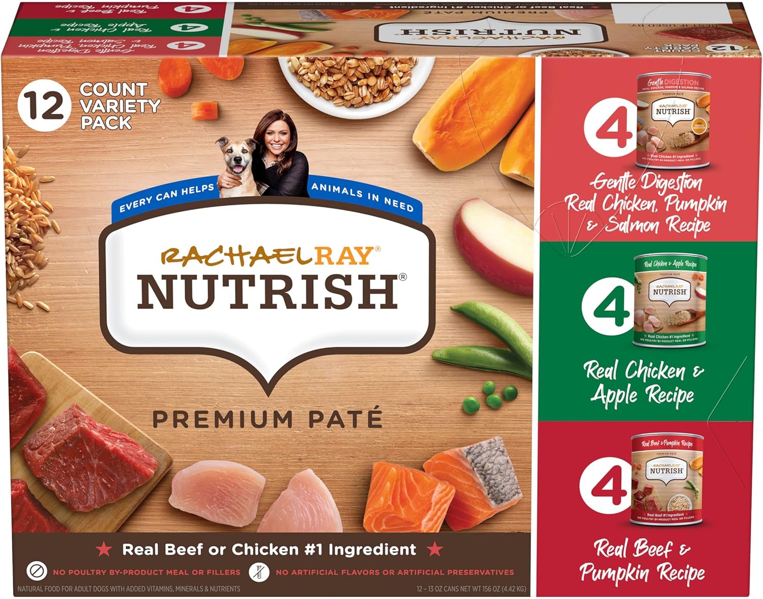 Nourriture humide pour chiens Nutrish Rachael Ray, nourriture naturelle pour chiens adultes contenant des vitamines, des minéraux et des nutriments ajoutés, du bœuf, du poulet et une digestion douce, boîte de 13 onces (lot de 12)