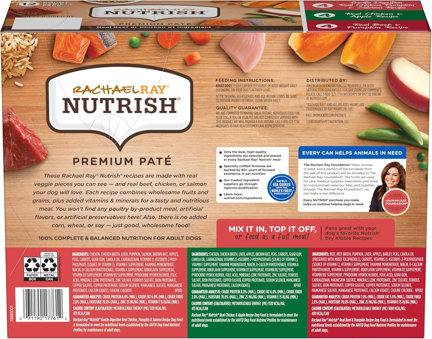 Nourriture humide pour chiens Nutrish Rachael Ray, nourriture naturelle pour chiens adultes contenant des vitamines, des minéraux et des nutriments ajoutés, du bœuf, du poulet et une digestion douce, boîte de 13 onces (lot de 12)