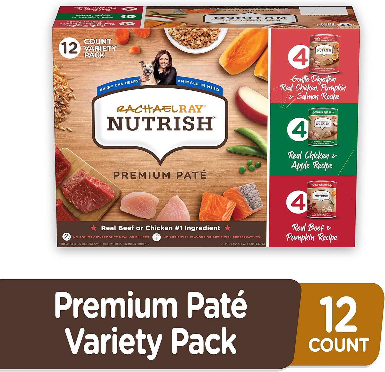 Nourriture humide pour chiens Nutrish Rachael Ray, nourriture naturelle pour chiens adultes contenant des vitamines, des minéraux et des nutriments ajoutés, du bœuf, du poulet et une digestion douce, boîte de 13 onces (lot de 12)