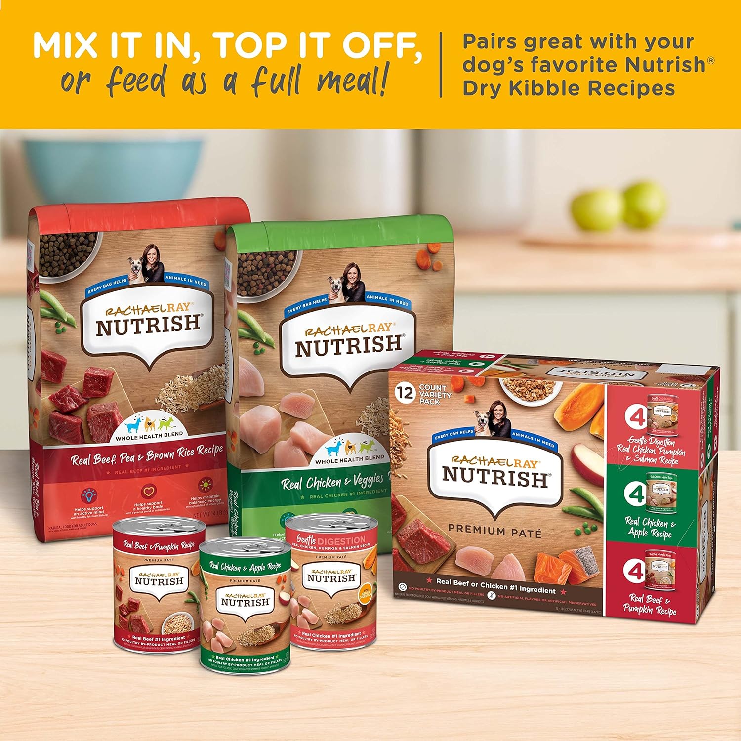 Nourriture humide pour chiens Nutrish Rachael Ray, nourriture naturelle pour chiens adultes contenant des vitamines, des minéraux et des nutriments ajoutés, du bœuf, du poulet et une digestion douce, boîte de 13 onces (lot de 12)
