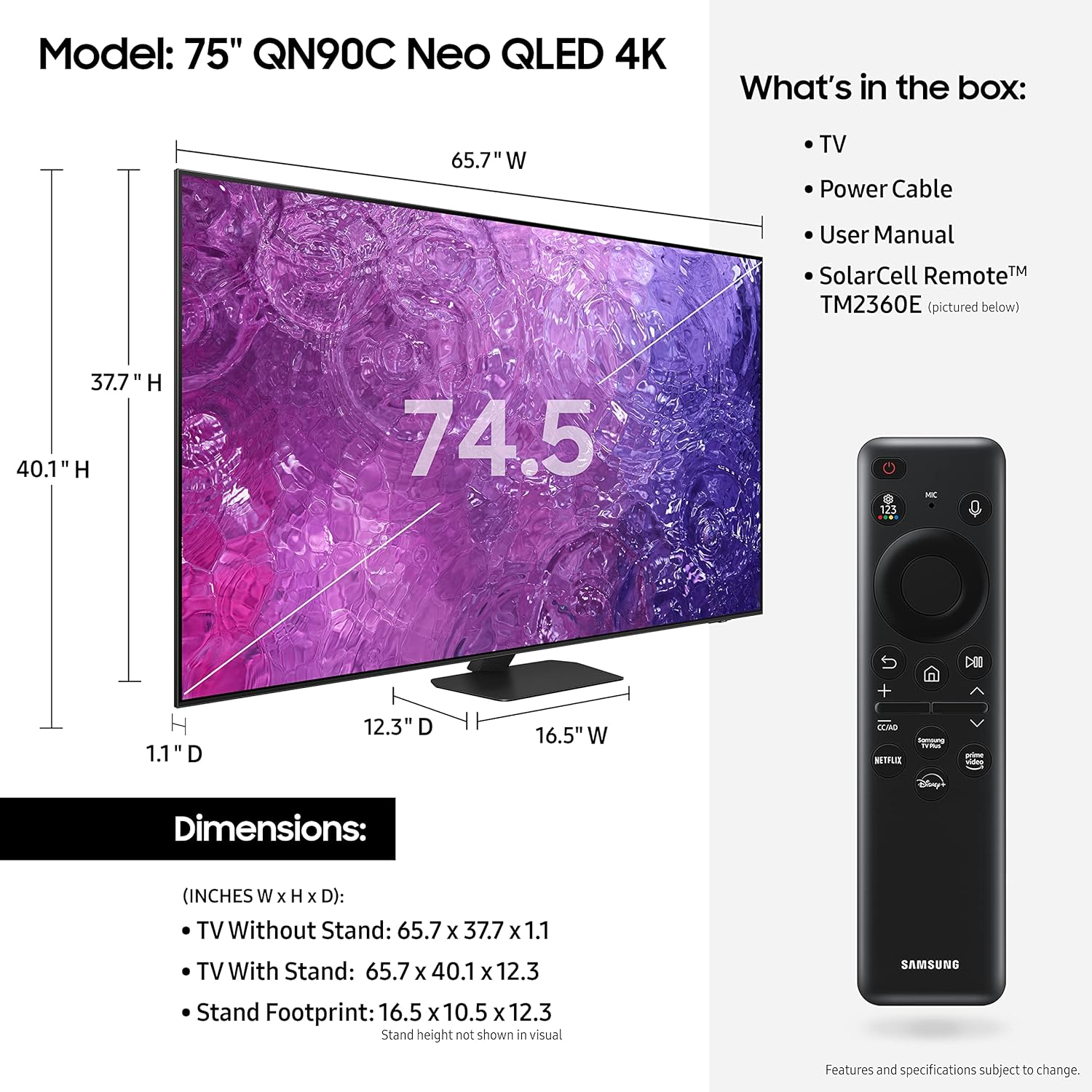 SAMSUNG 75 นิ้ว Class Neo QLED 4K QN90C Series Quantum HDR , Dolby Atmos, Object Tracking Sound , Anti-Glare, Gaming Hub, Q-Symphony, Smart TV พร้อม Alexa ในตัว (QN75QN90C, รุ่นปี 2023)