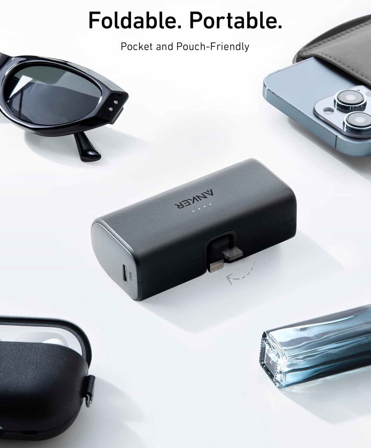 iPhone용 Anker Nano 휴대용 ​​충전기, 내장형 MFi 인증 Lightning 커넥터, 파워뱅크 5,000mAh 12W, iPhone 14/14 Pro/14 Plus, iPhone 13 및 12 시리즈와 호환(블랙)